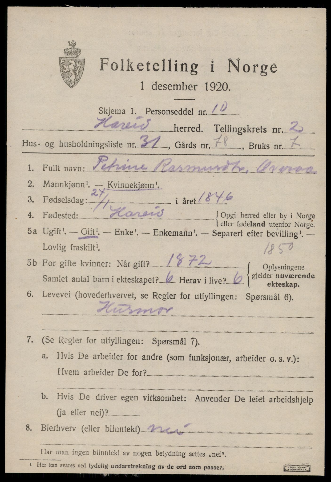 SAT, 1920 census for Hareid, 1920, p. 1385