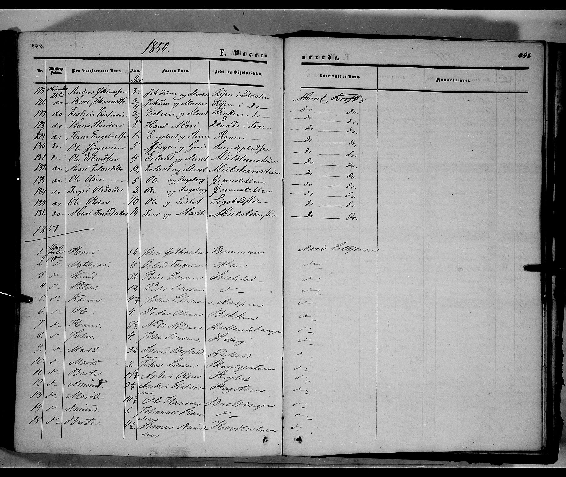Sør-Fron prestekontor, SAH/PREST-010/H/Ha/Haa/L0001: Parish register (official) no. 1, 1849-1863, p. 496
