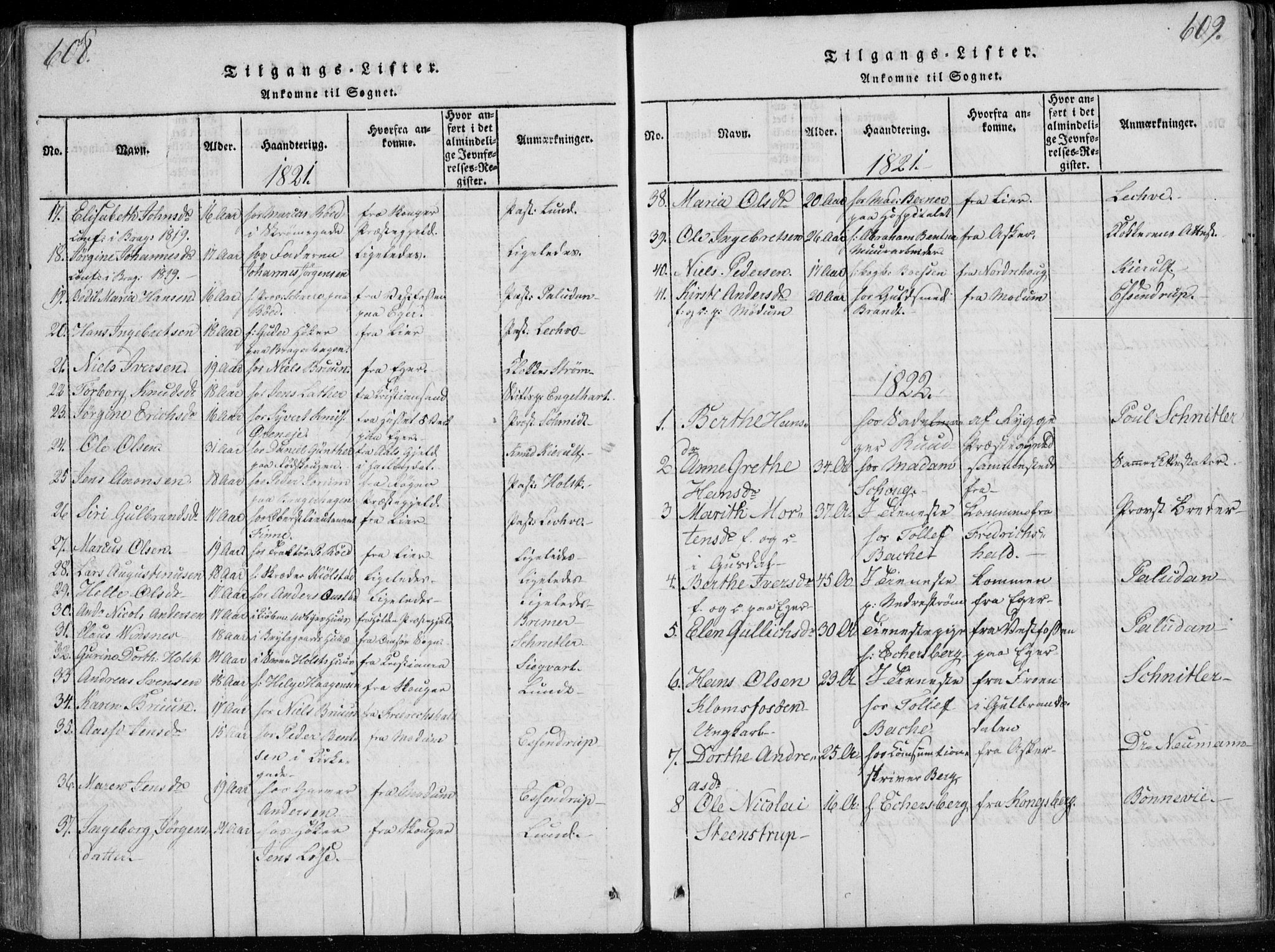 Bragernes kirkebøker, AV/SAKO-A-6/F/Fa/L0007: Parish register (official) no. I 7, 1815-1829, p. 608-609