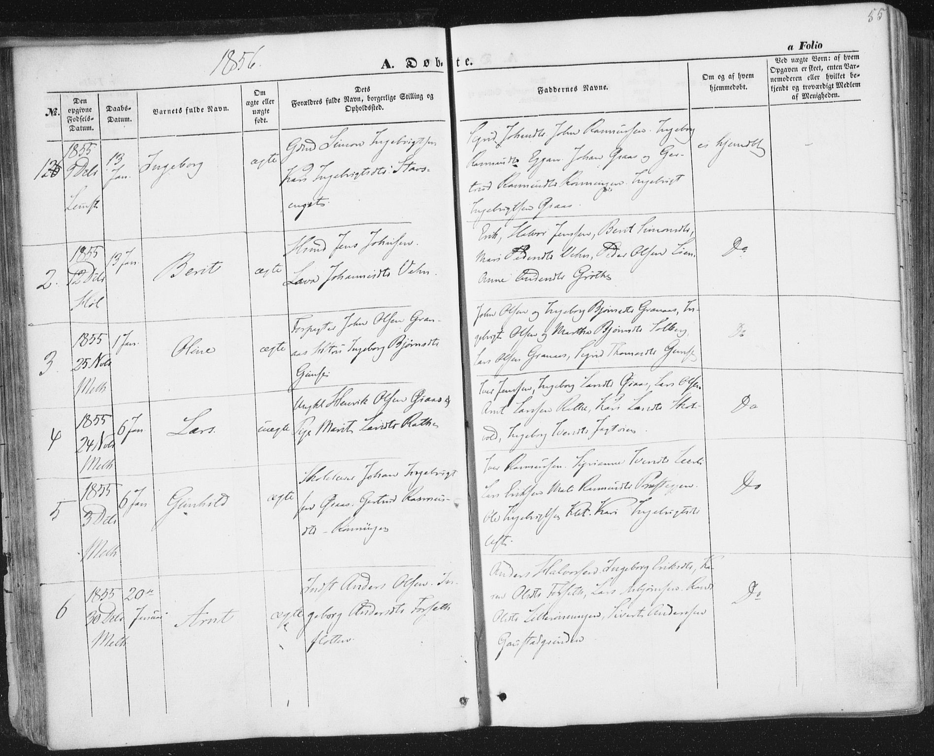 Ministerialprotokoller, klokkerbøker og fødselsregistre - Sør-Trøndelag, SAT/A-1456/691/L1076: Parish register (official) no. 691A08, 1852-1861, p. 55