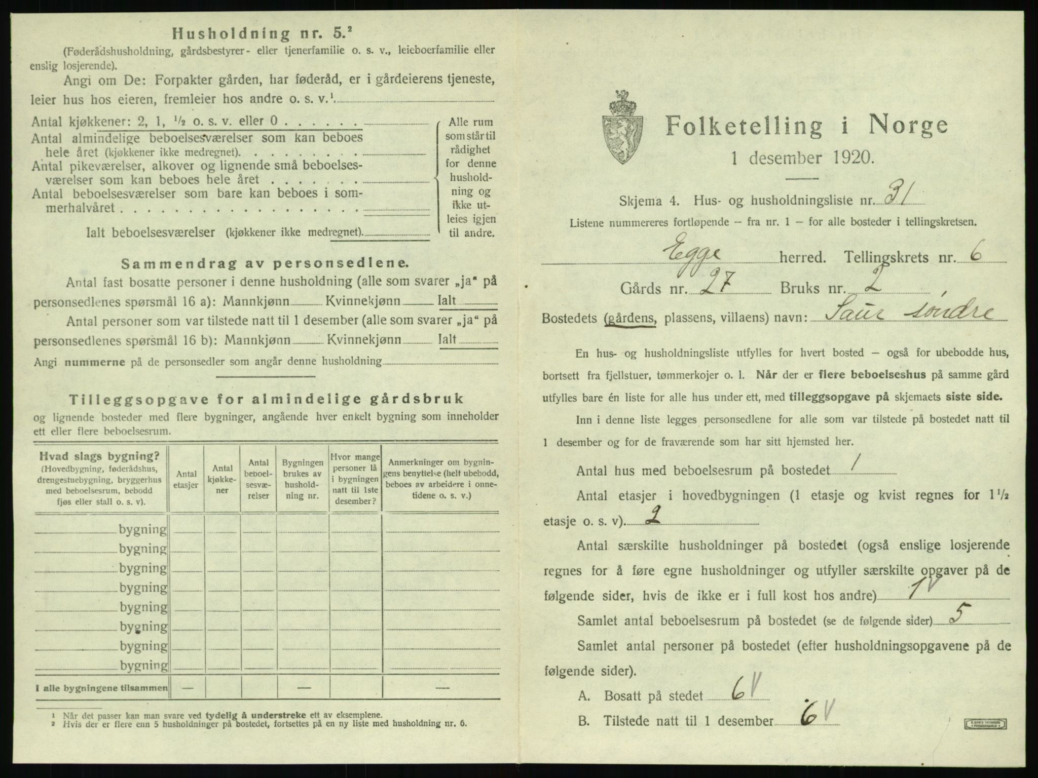 SAT, 1920 census for Egge, 1920, p. 576