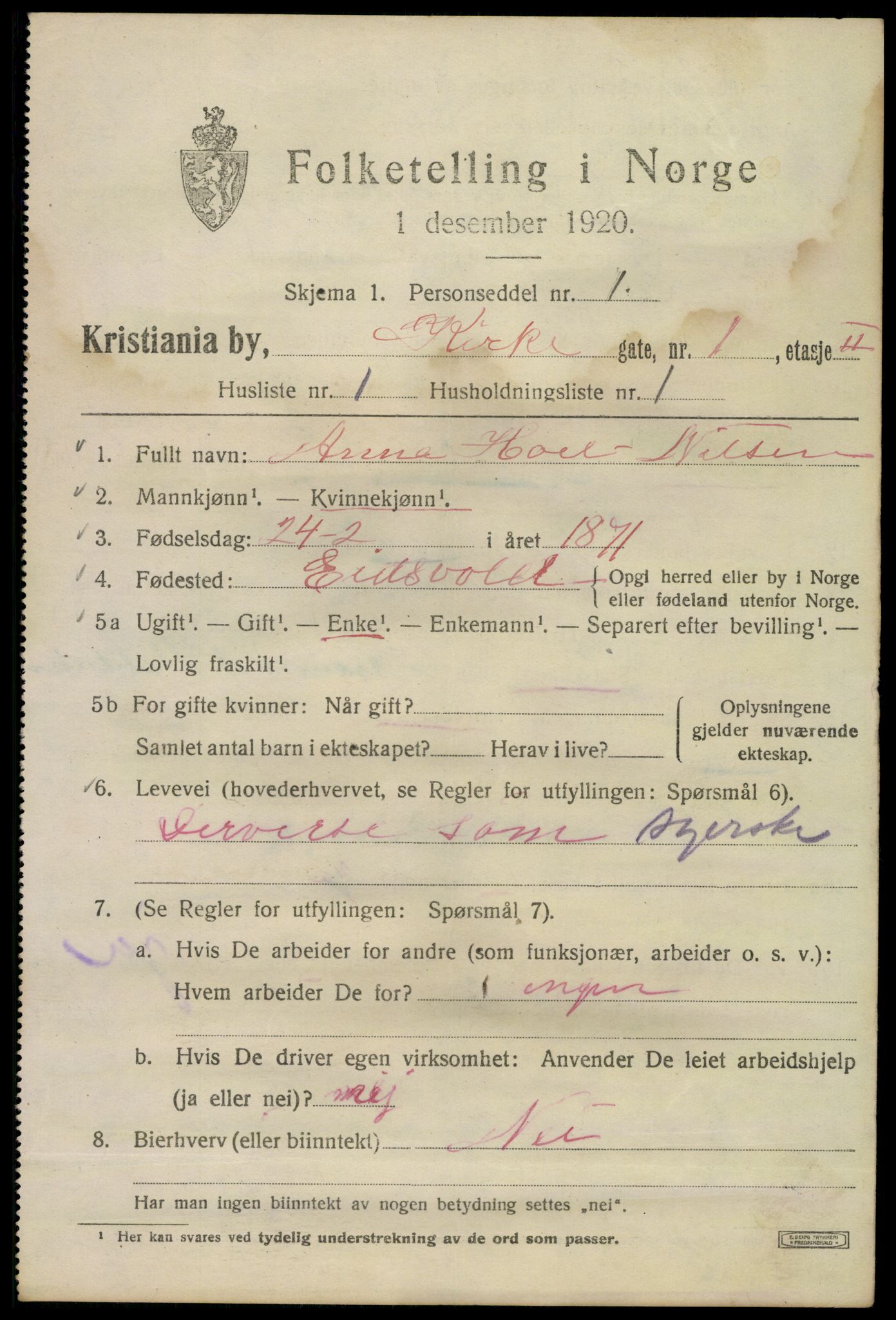 SAO, 1920 census for Kristiania, 1920, p. 337187