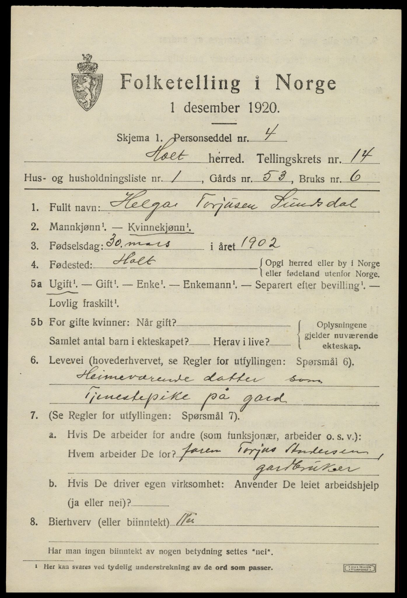 SAK, 1920 census for Holt, 1920, p. 7984