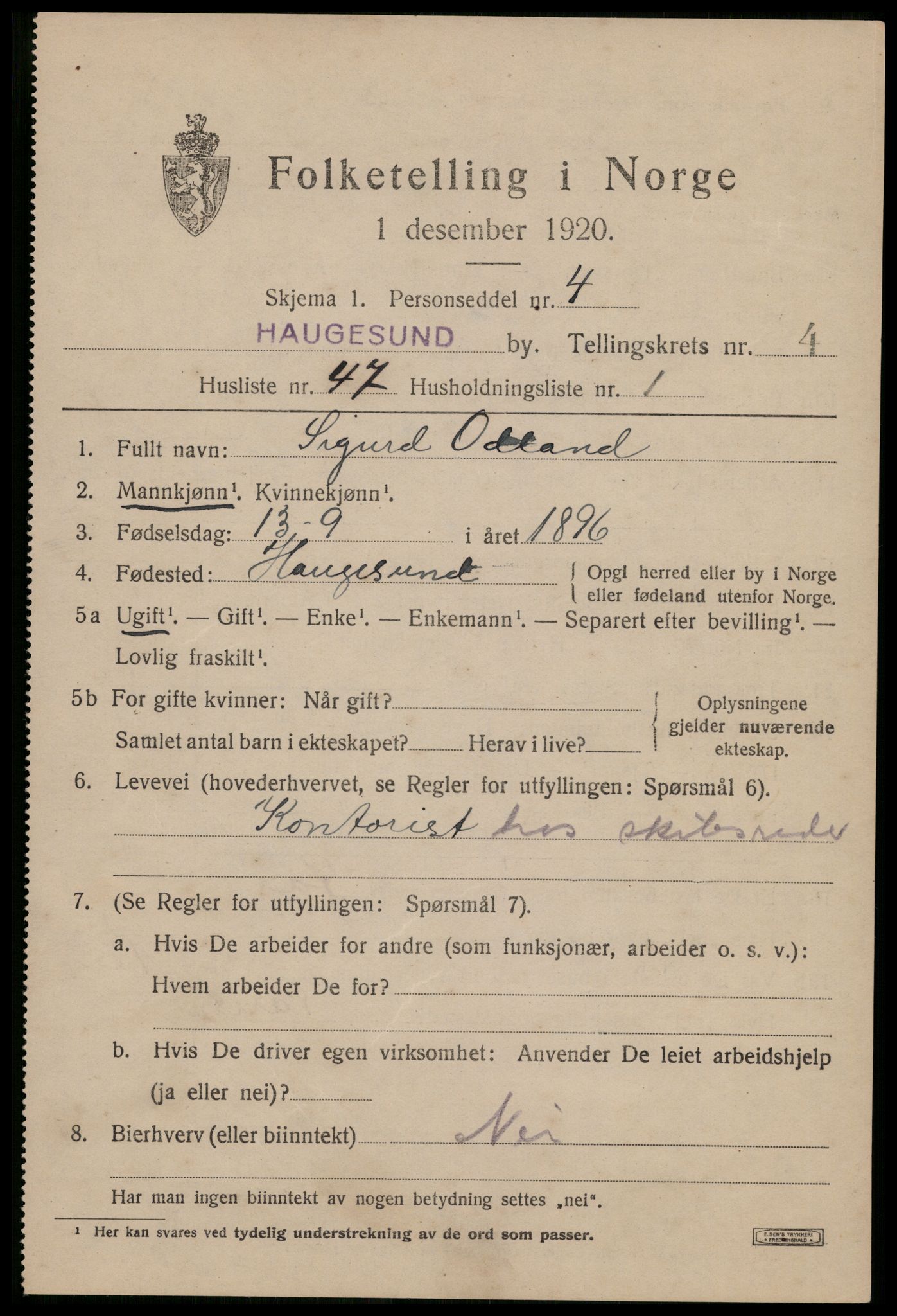 SAST, 1920 census for Haugesund, 1920, p. 16175