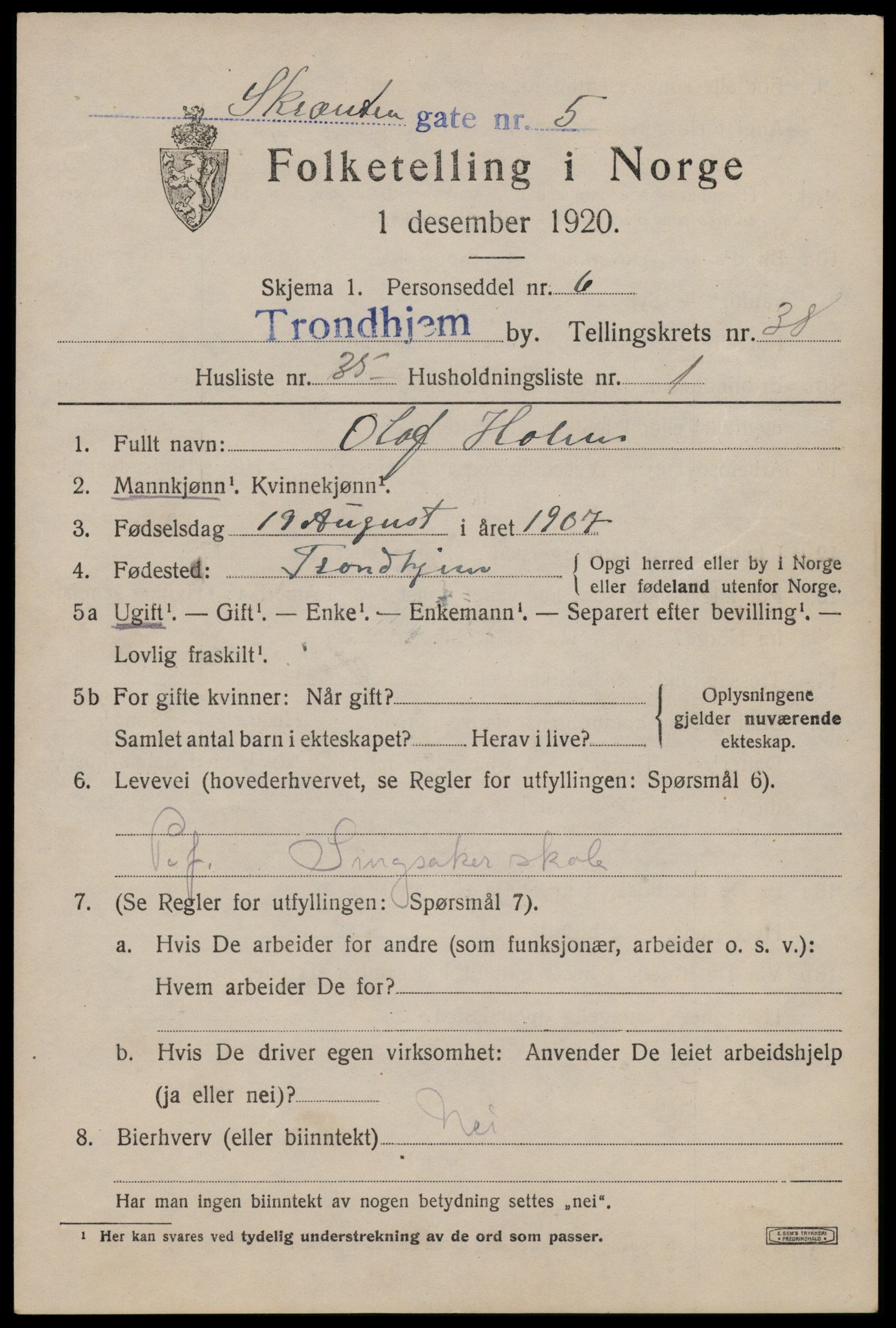 SAT, 1920 census for Trondheim, 1920, p. 87242