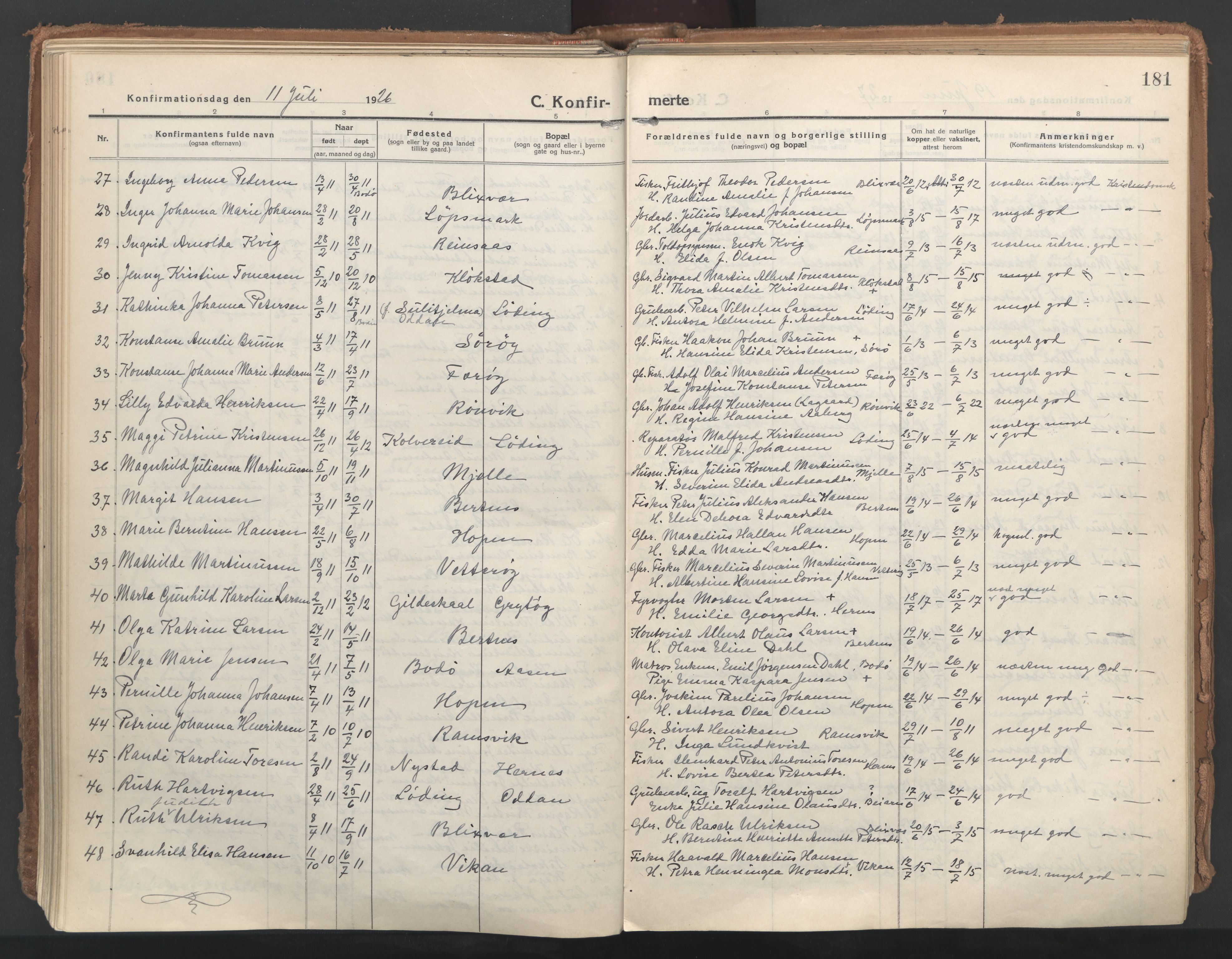 Ministerialprotokoller, klokkerbøker og fødselsregistre - Nordland, SAT/A-1459/802/L0060: Parish register (official) no. 802A07, 1916-1933, p. 181