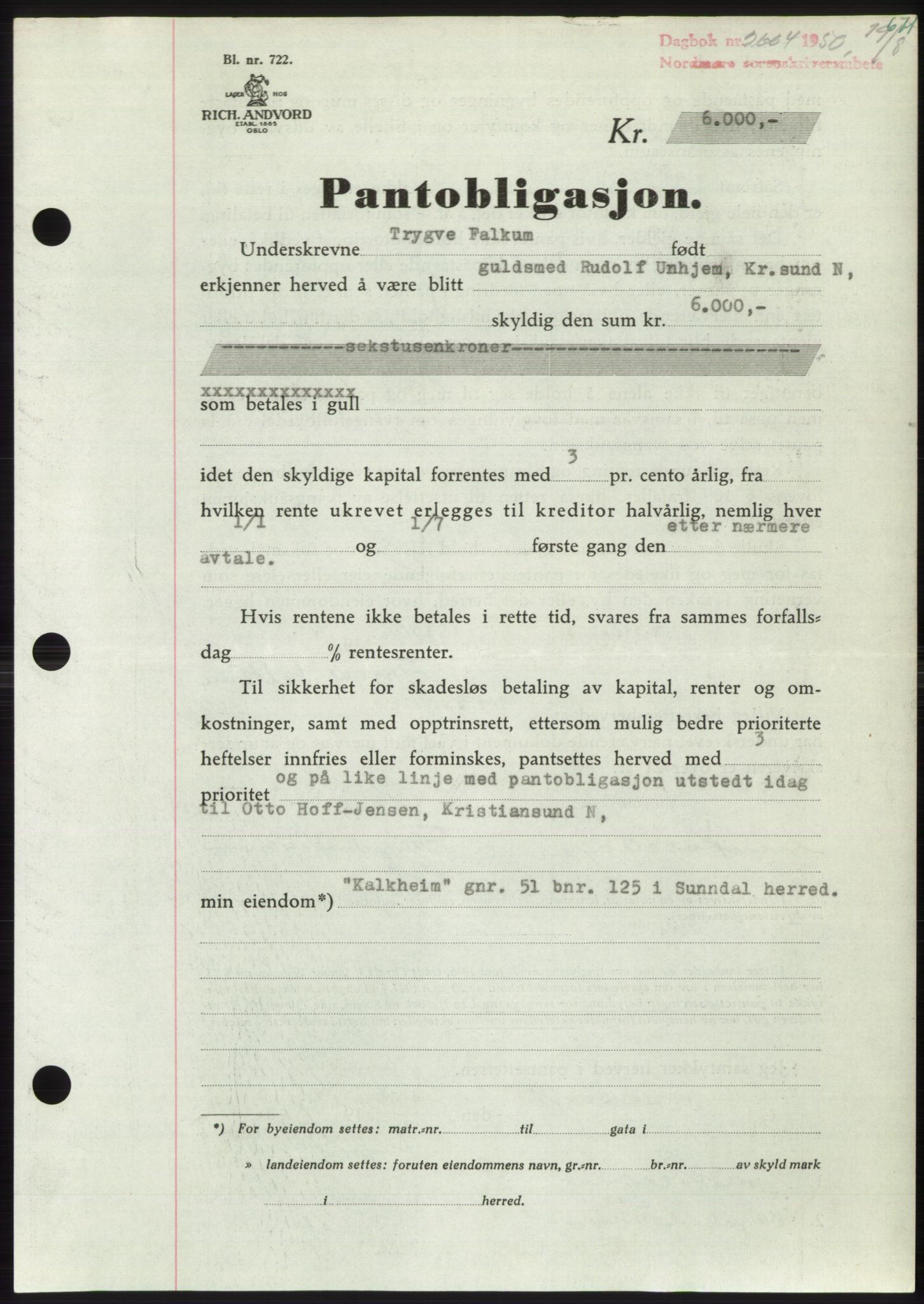 Nordmøre sorenskriveri, AV/SAT-A-4132/1/2/2Ca: Mortgage book no. B105, 1950-1950, Diary no: : 2604/1950