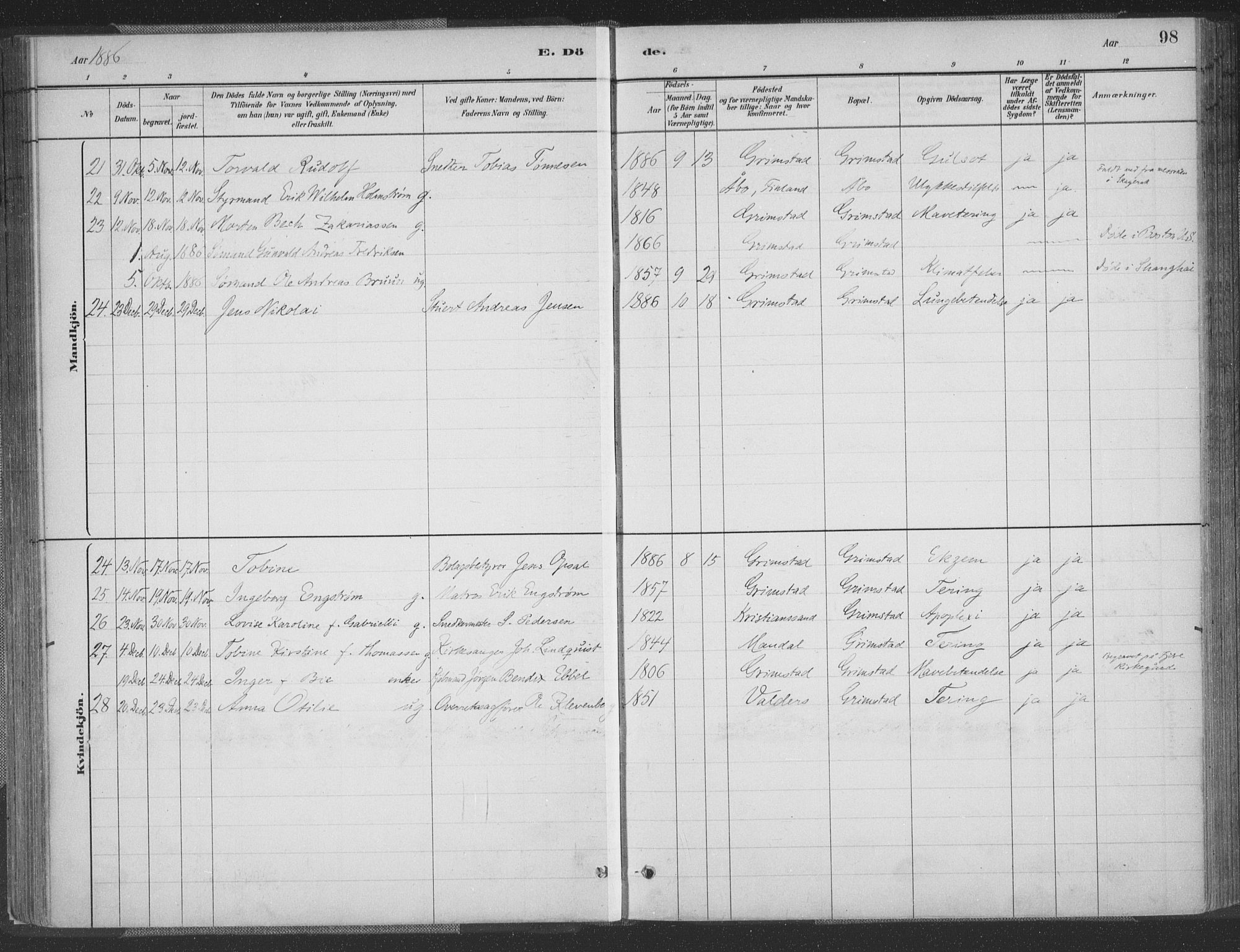 Grimstad sokneprestkontor, SAK/1111-0017/F/Fa/L0004: Parish register (official) no. A 3, 1882-1910, p. 98
