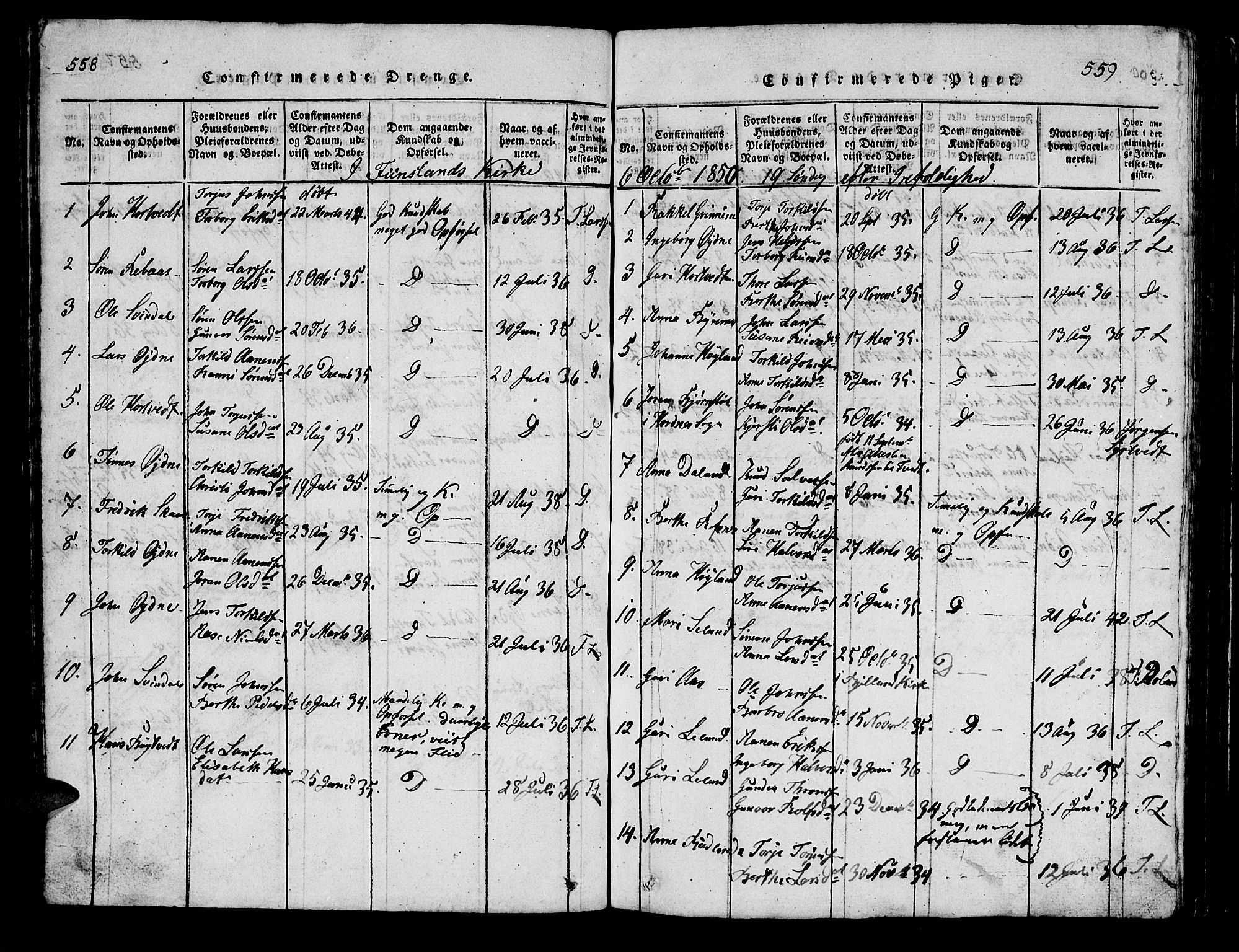 Bjelland sokneprestkontor, SAK/1111-0005/F/Fb/Fbc/L0001: Parish register (copy) no. B 1, 1815-1870, p. 558-559