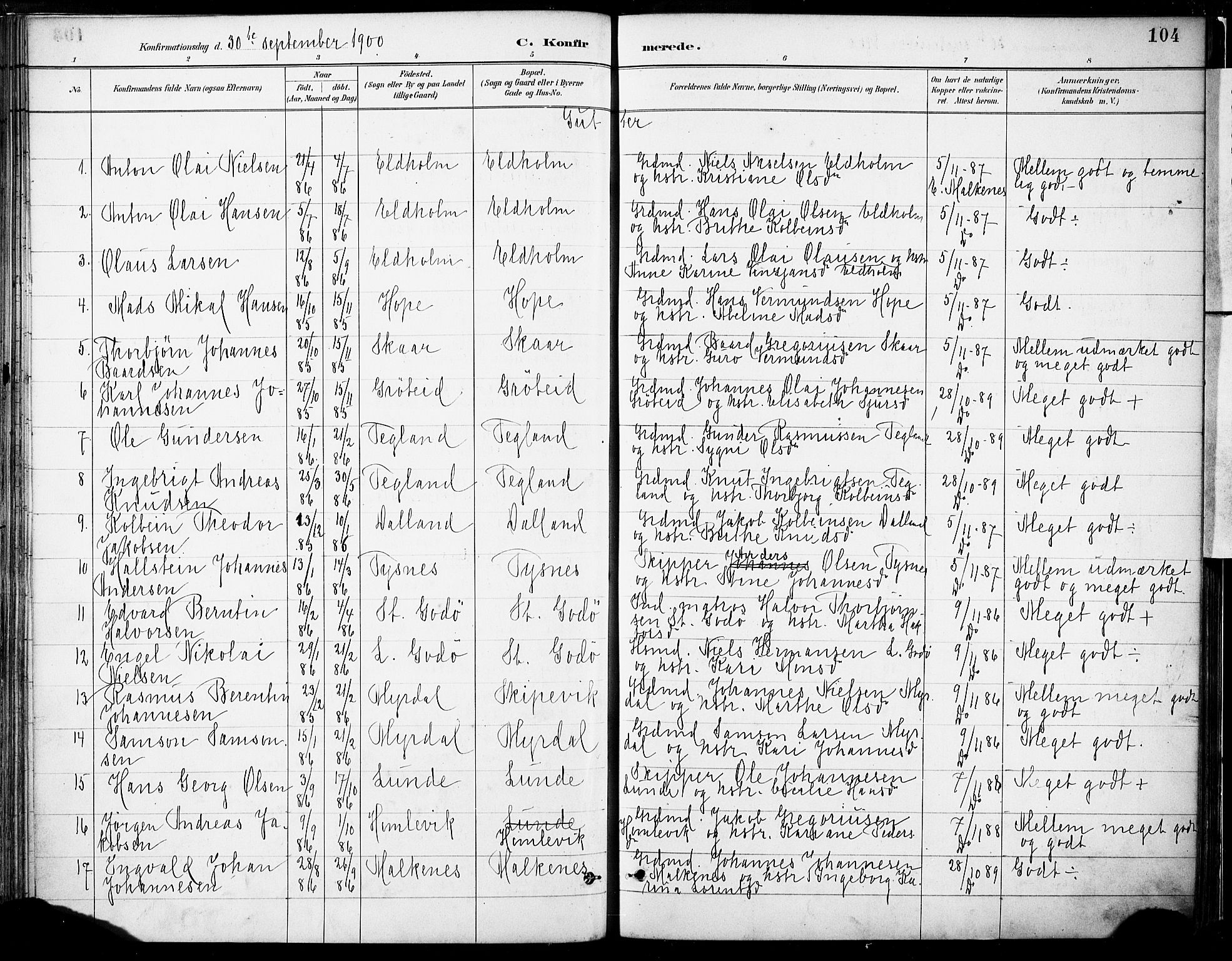 Tysnes sokneprestembete, SAB/A-78601/H/Haa: Parish register (official) no. B 1, 1887-1906, p. 104