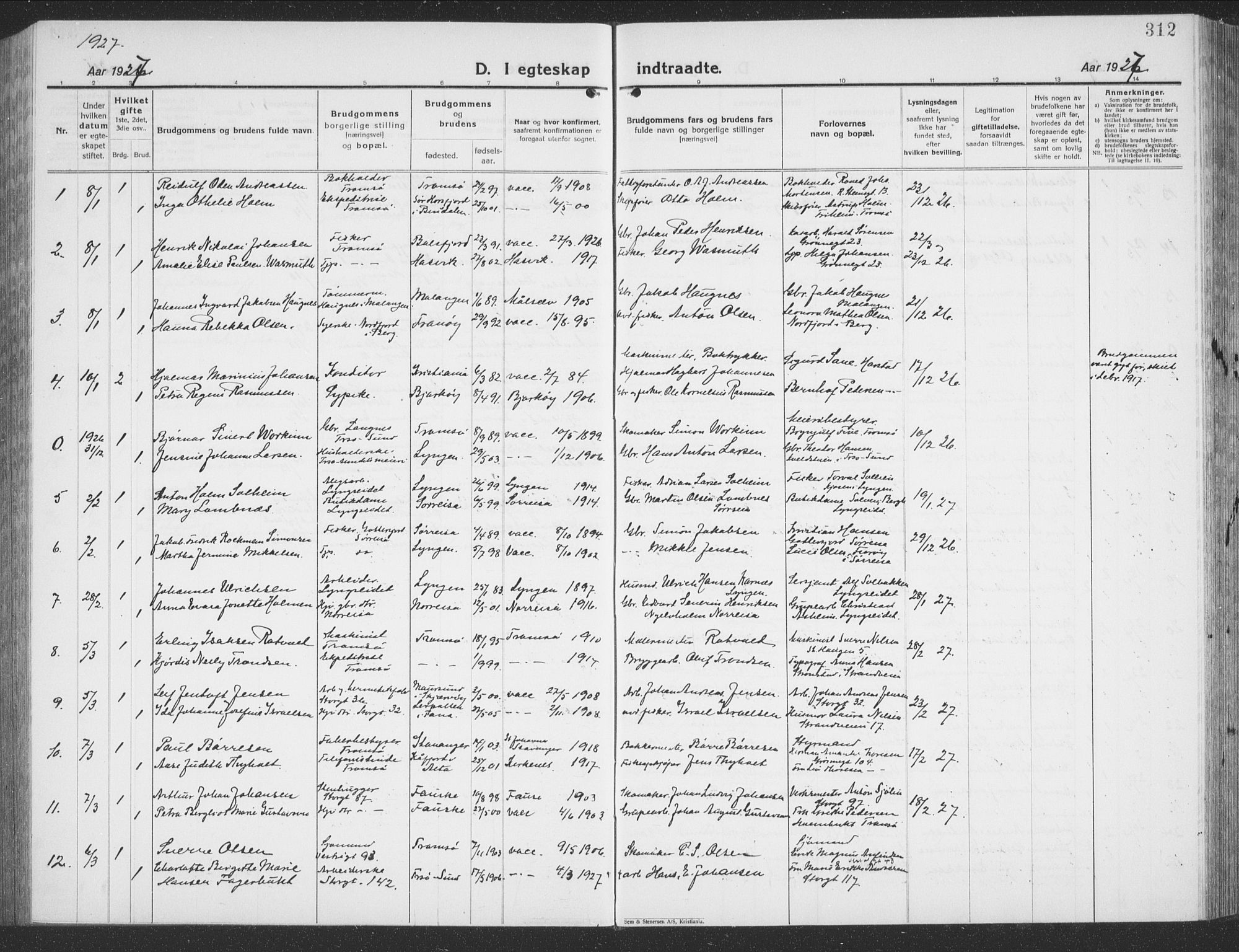 Tromsø sokneprestkontor/stiftsprosti/domprosti, AV/SATØ-S-1343/G/Gb/L0010klokker: Parish register (copy) no. 10, 1925-1937, p. 312