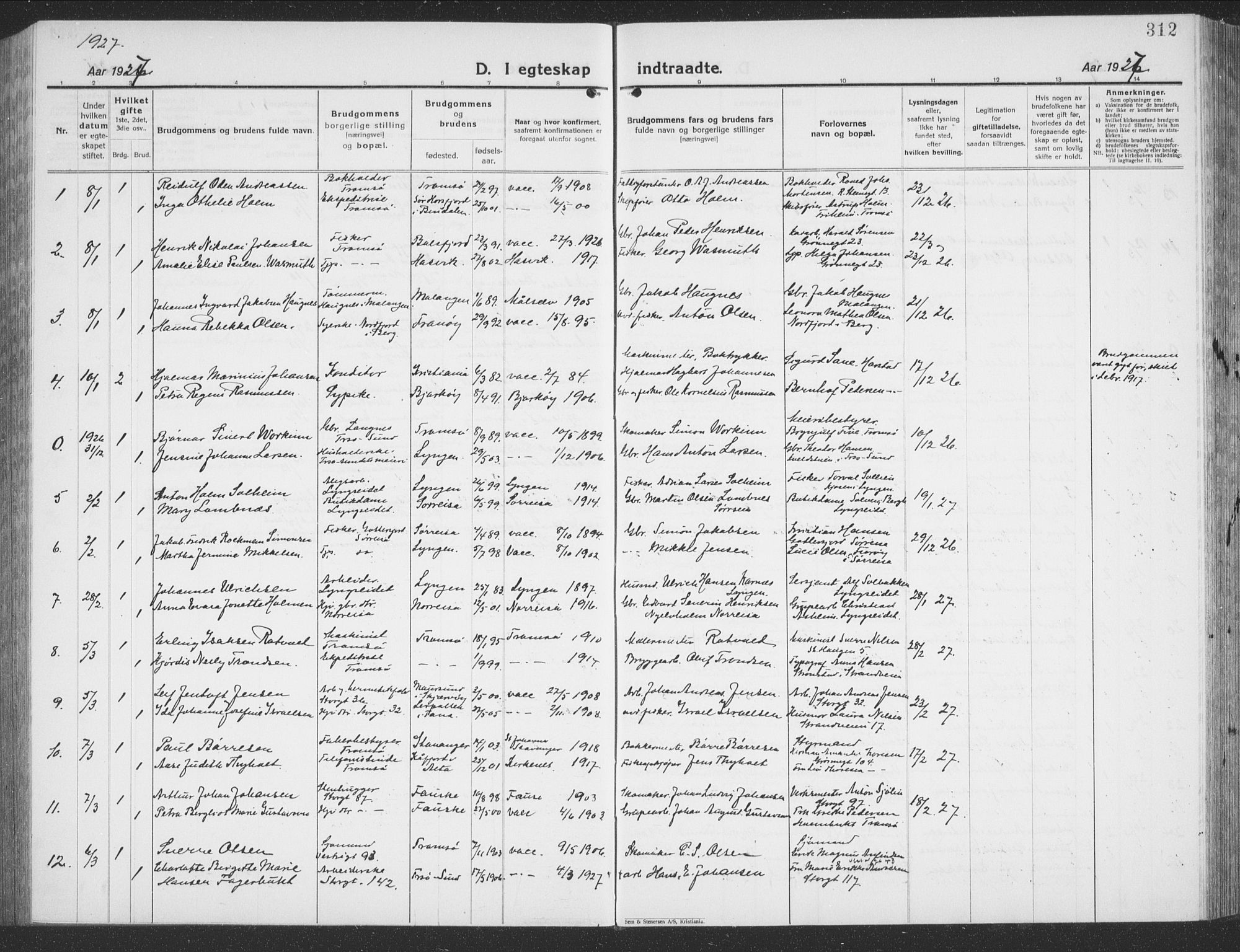 Tromsø sokneprestkontor/stiftsprosti/domprosti, SATØ/S-1343/G/Gb/L0010klokker: Parish register (copy) no. 10, 1925-1937, p. 312