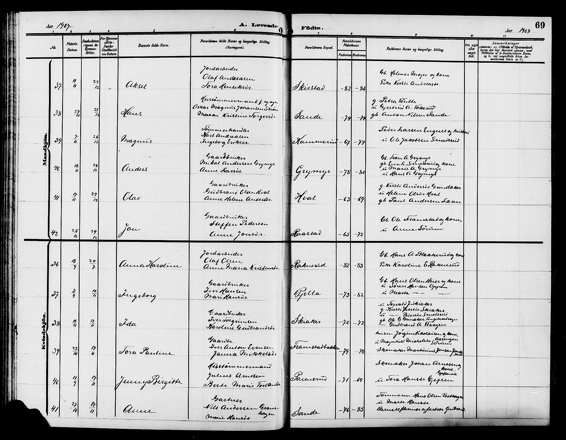 Gran prestekontor, AV/SAH-PREST-112/H/Ha/Hab/L0006: Parish register (copy) no. 6, 1901-1911, p. 69