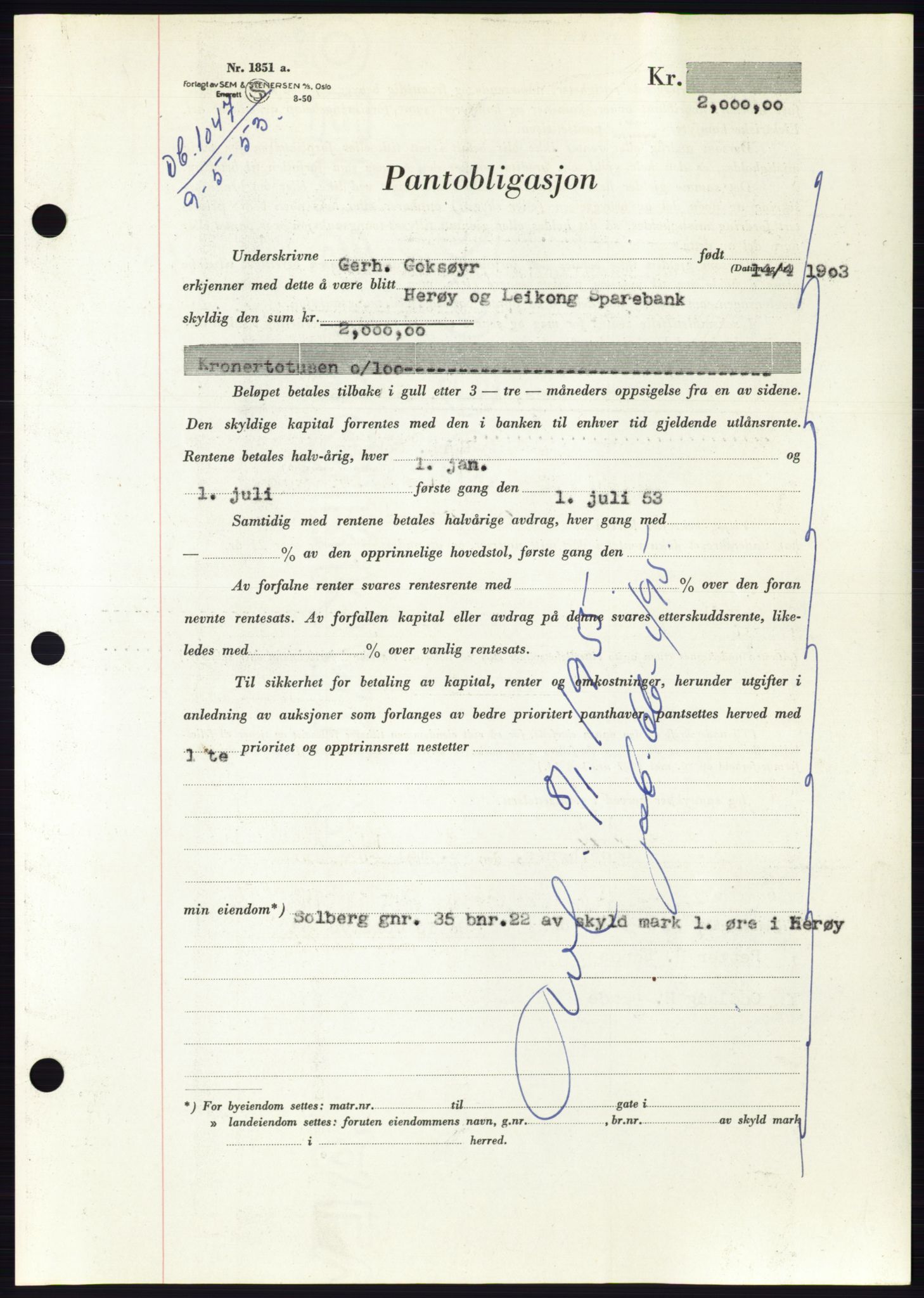 Søre Sunnmøre sorenskriveri, SAT/A-4122/1/2/2C/L0123: Mortgage book no. 11B, 1953-1953, Diary no: : 1047/1953