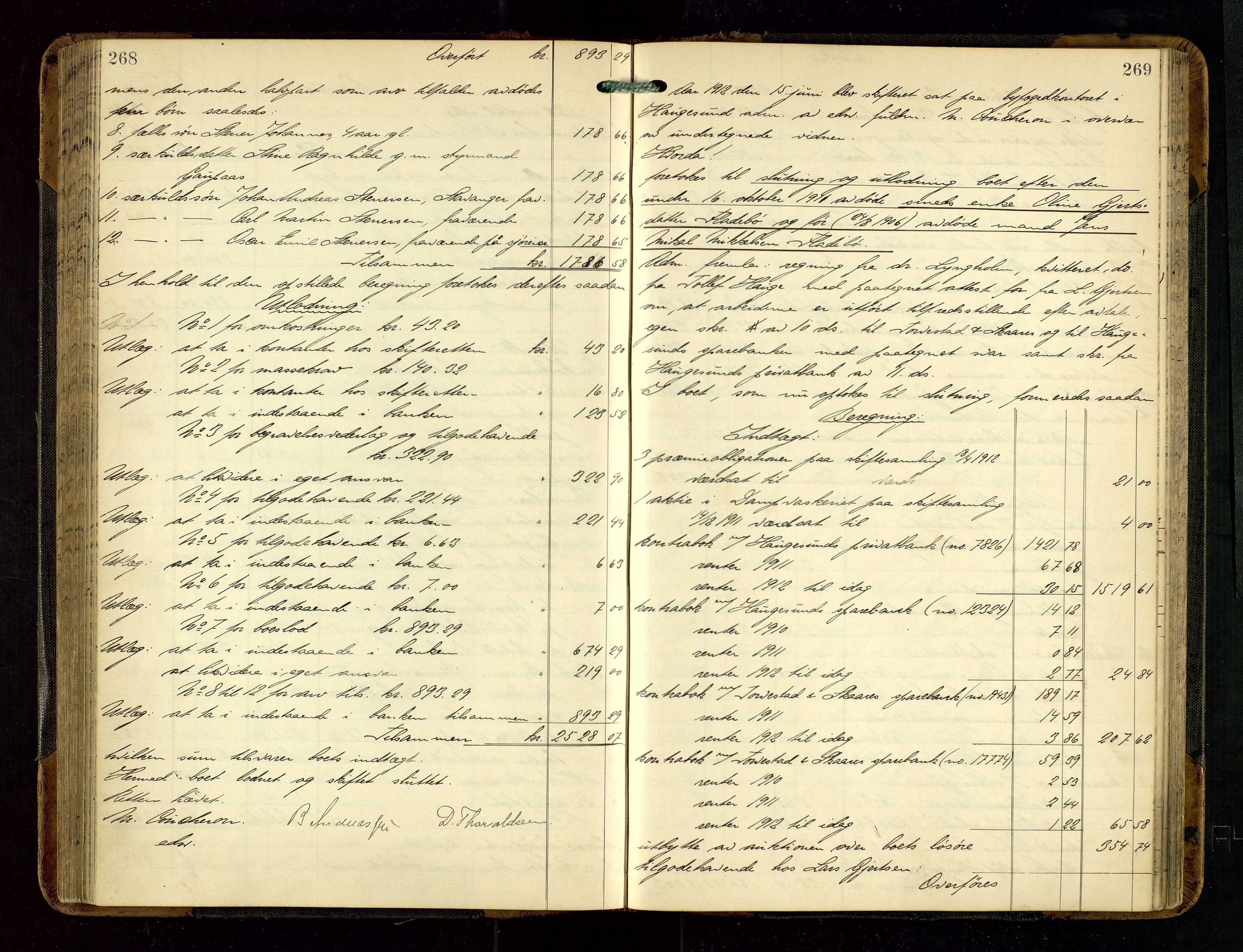 Haugesund tingrett, SAST/A-101415/01/IV/IVD/L0002: Skifteutlodningsprotokoll, med register, 1904-1915, p. 268-269