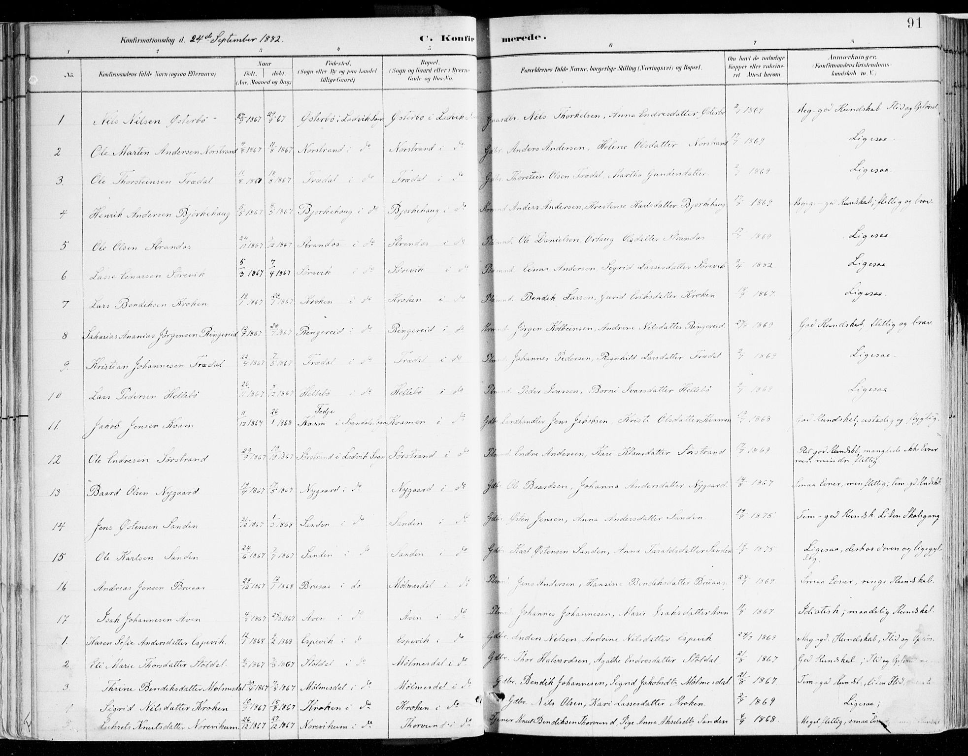 Lavik sokneprestembete, AV/SAB-A-80901: Parish register (official) no. B 1, 1882-1908, p. 91