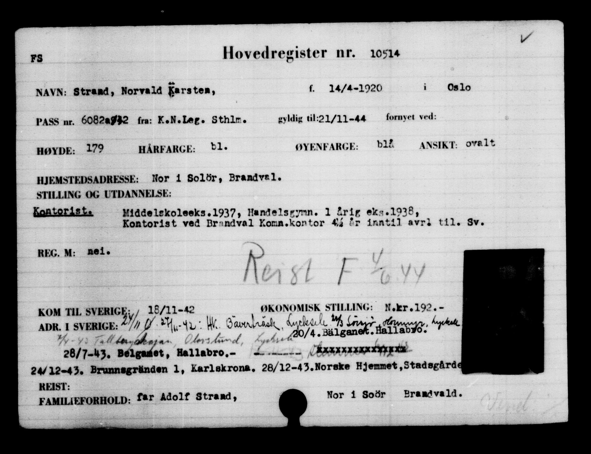 Utenriksstasjonene, Legasjonen i Stockholm, Flyktningkontoret, AV/RA-S-6753/V/Va/L0006: Kjesäterkartoteket, flyktninger med registreringsnr. 9400-12711, 1940-1945, p. 1284
