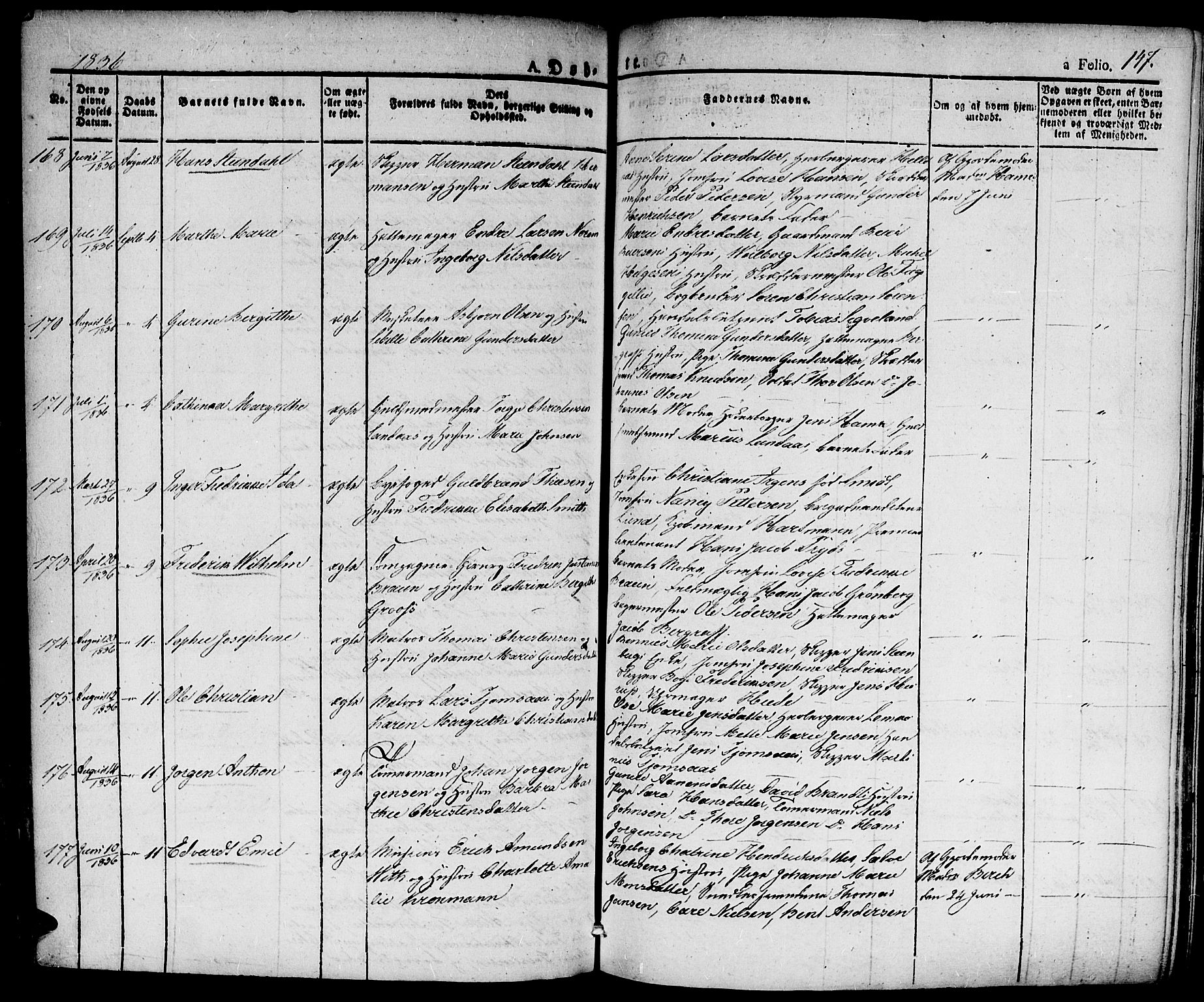 Kristiansand domprosti, SAK/1112-0006/F/Fa/L0011: Parish register (official) no. A 11, 1827-1841, p. 147