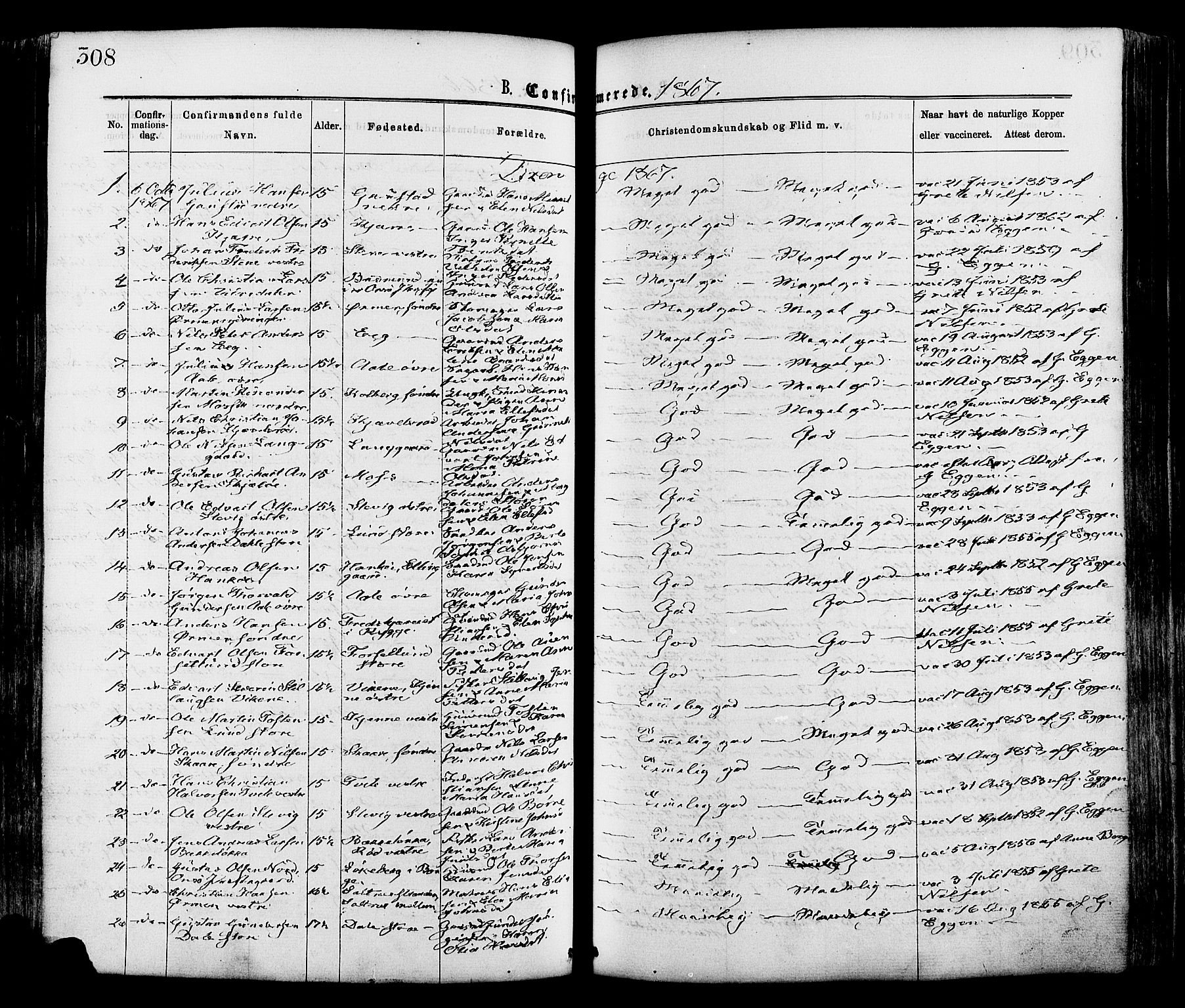 Onsøy prestekontor Kirkebøker, SAO/A-10914/F/Fa/L0004: Parish register (official) no. I 4, 1861-1877, p. 308