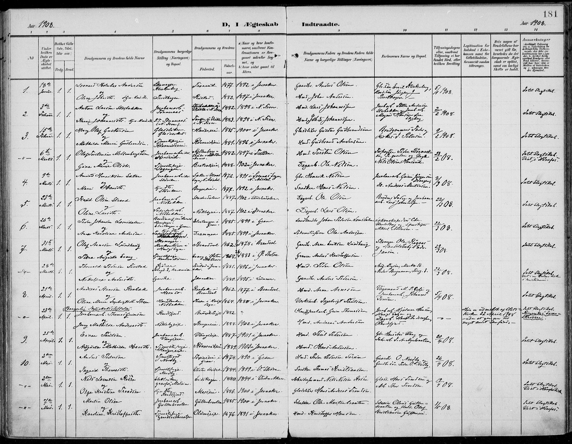 Jevnaker prestekontor, SAH/PREST-116/H/Ha/Haa/L0011: Parish register (official) no. 11, 1902-1913, p. 181