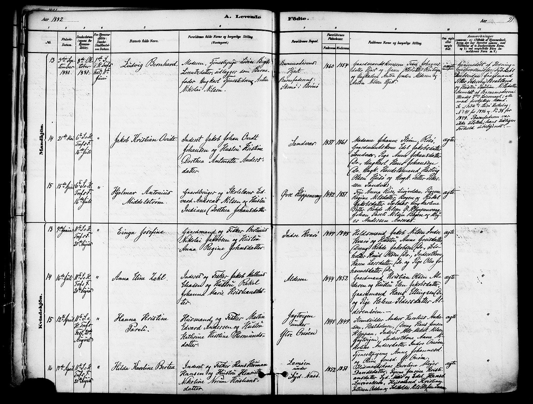 Ministerialprotokoller, klokkerbøker og fødselsregistre - Nordland, SAT/A-1459/839/L0568: Parish register (official) no. 839A05, 1880-1902, p. 21