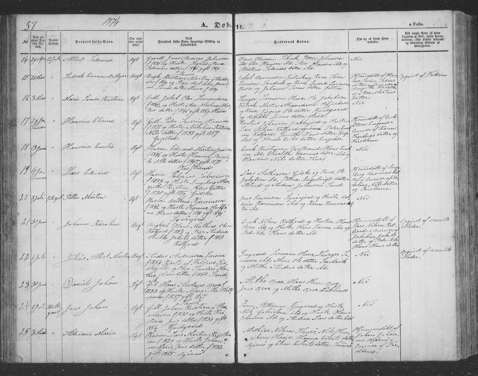 Lenvik sokneprestembete, SATØ/S-1310/H/Ha/Hab/L0020klokker: Parish register (copy) no. 20, 1855-1883, p. 57