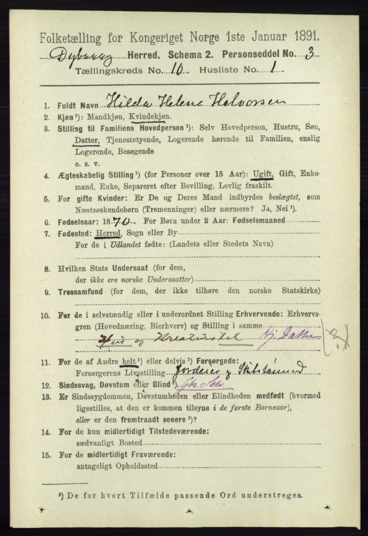 RA, 1891 census for 0915 Dypvåg, 1891, p. 3706