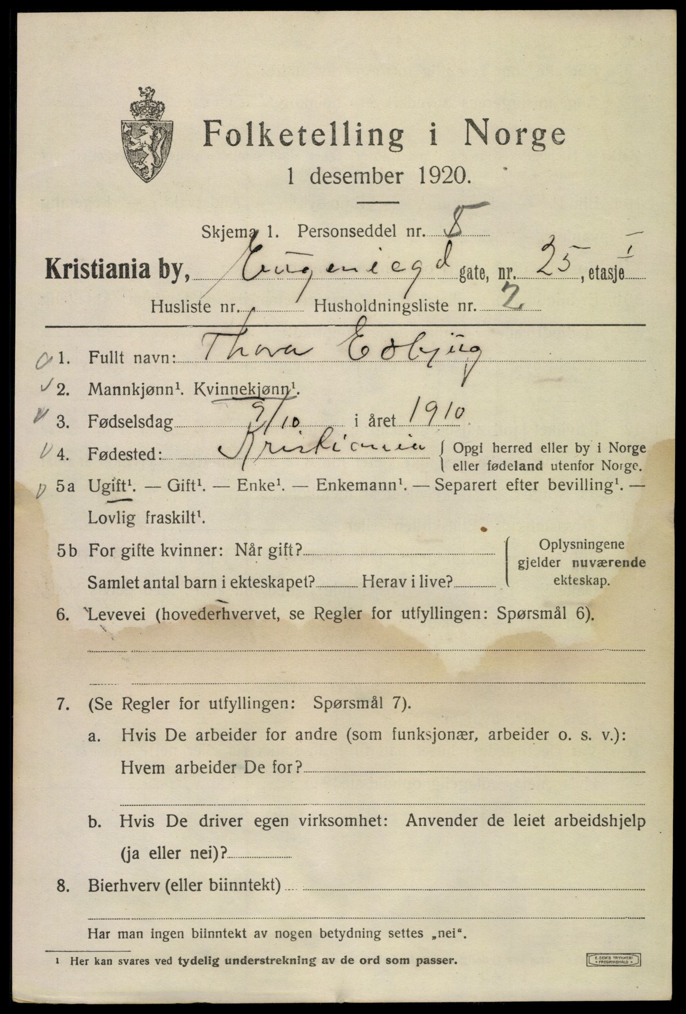 SAO, 1920 census for Kristiania, 1920, p. 224717