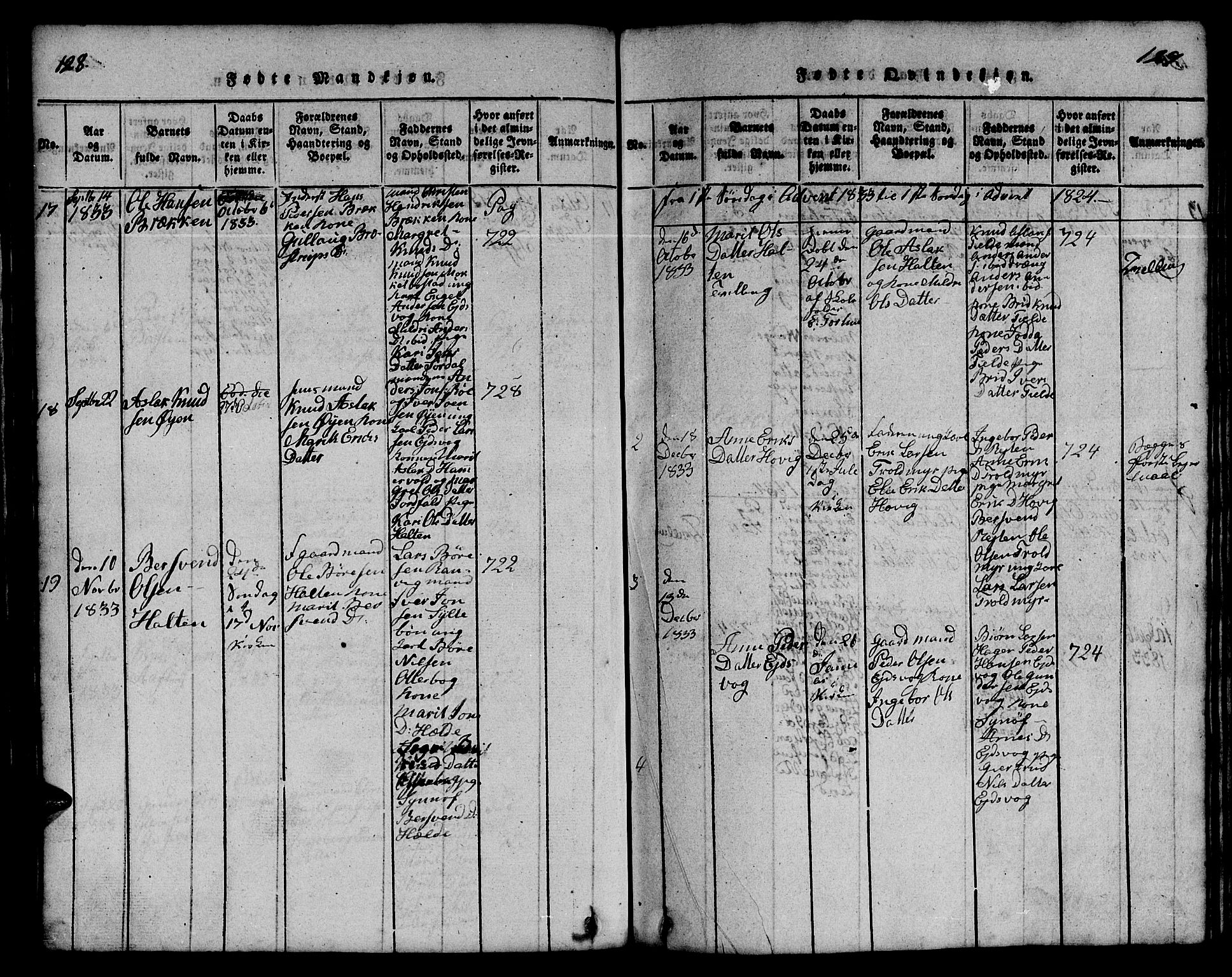 Ministerialprotokoller, klokkerbøker og fødselsregistre - Møre og Romsdal, SAT/A-1454/551/L0629: Parish register (copy) no. 551C01, 1818-1839, p. 128-129