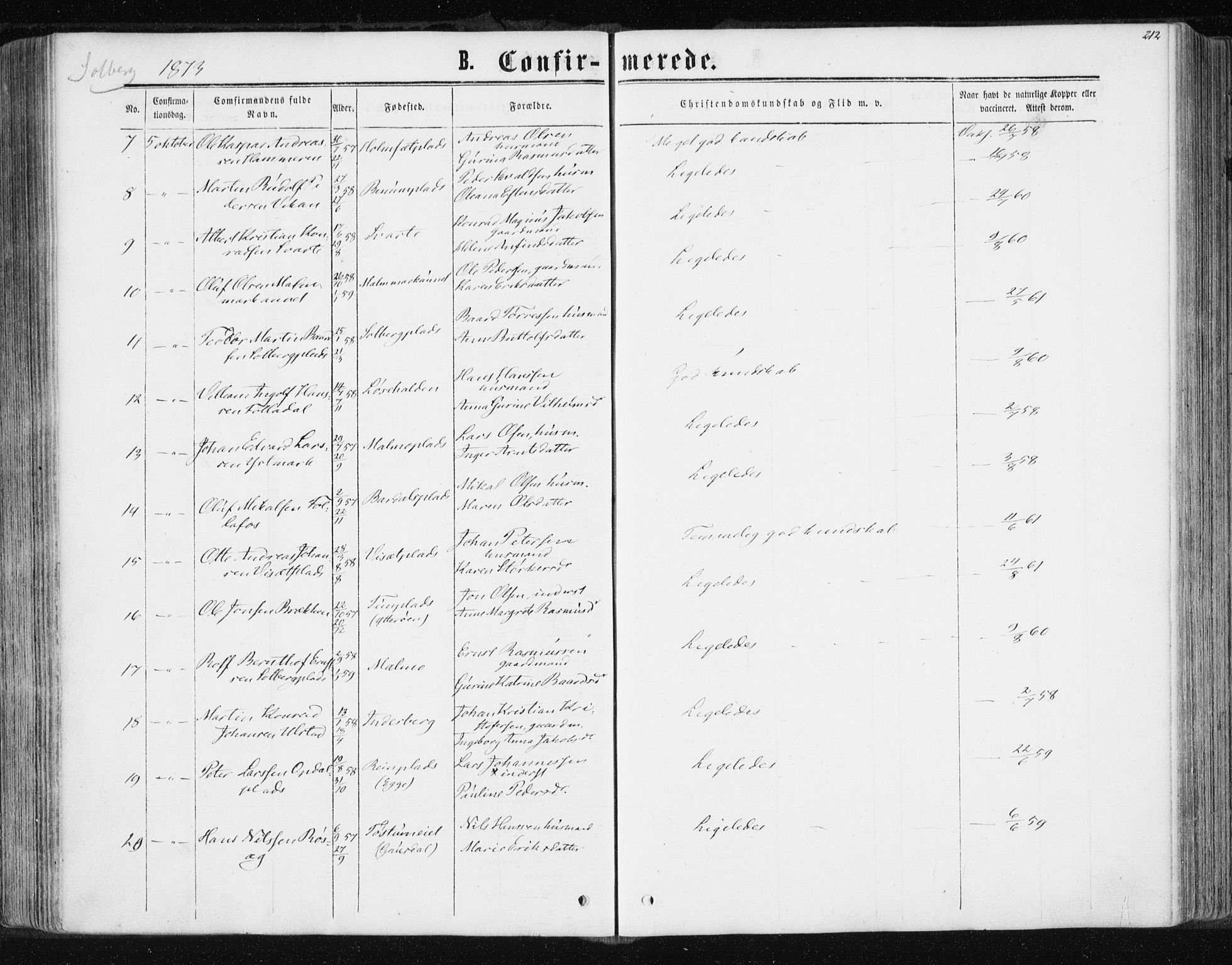 Ministerialprotokoller, klokkerbøker og fødselsregistre - Nord-Trøndelag, SAT/A-1458/741/L0394: Parish register (official) no. 741A08, 1864-1877, p. 212