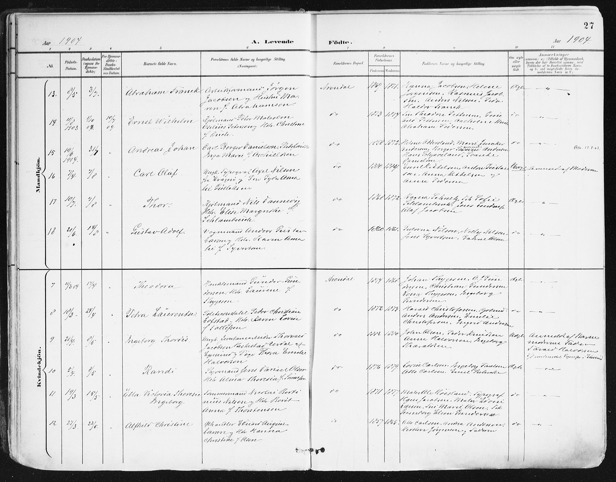 Arendal sokneprestkontor, Trefoldighet, AV/SAK-1111-0040/F/Fa/L0010: Parish register (official) no. A 10, 1900-1919, p. 27