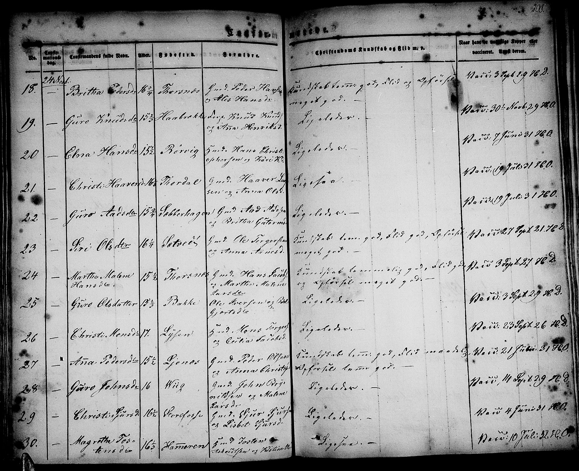 Strandebarm sokneprestembete, AV/SAB-A-78401/H/Haa: Parish register (official) no. A 6, 1826-1843, p. 208