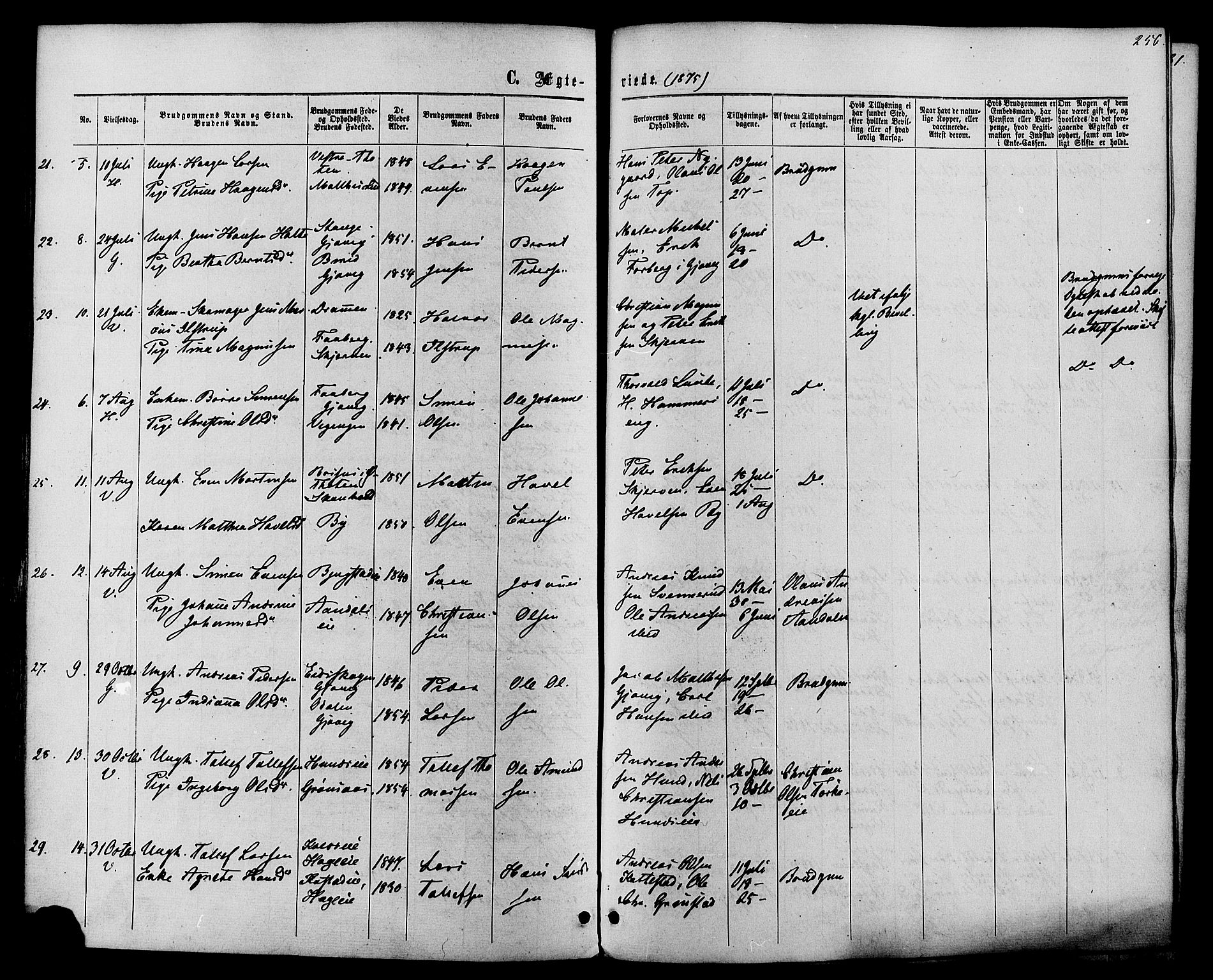Vardal prestekontor, SAH/PREST-100/H/Ha/Haa/L0007: Parish register (official) no. 7, 1867-1878, p. 256