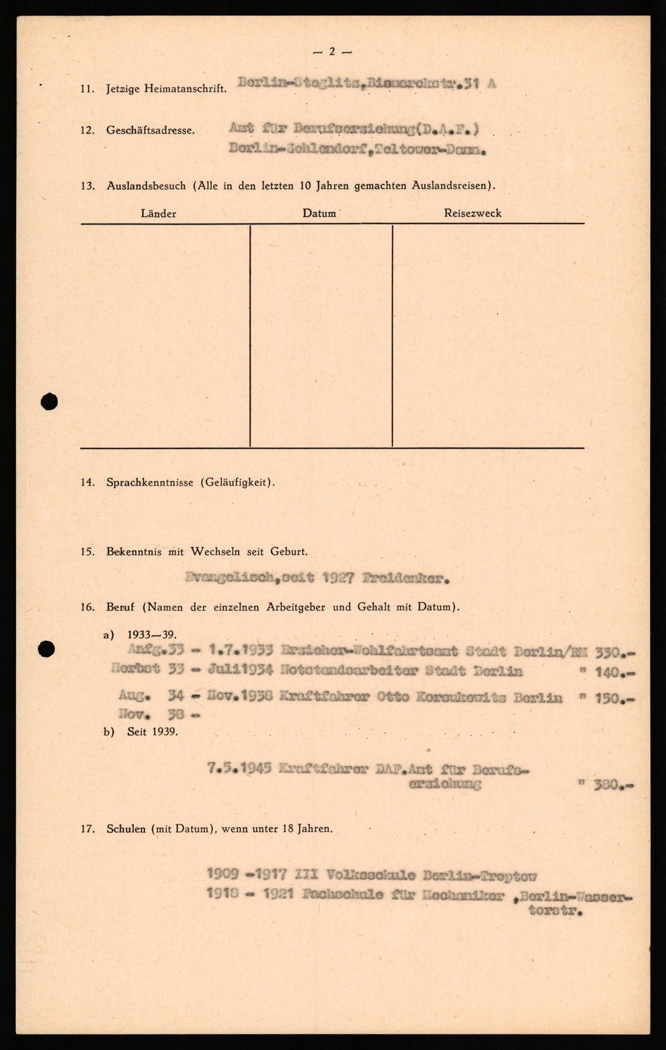 Forsvaret, Forsvarets overkommando II, RA/RAFA-3915/D/Db/L0029: CI Questionaires. Tyske okkupasjonsstyrker i Norge. Tyskere., 1945-1946, p. 384