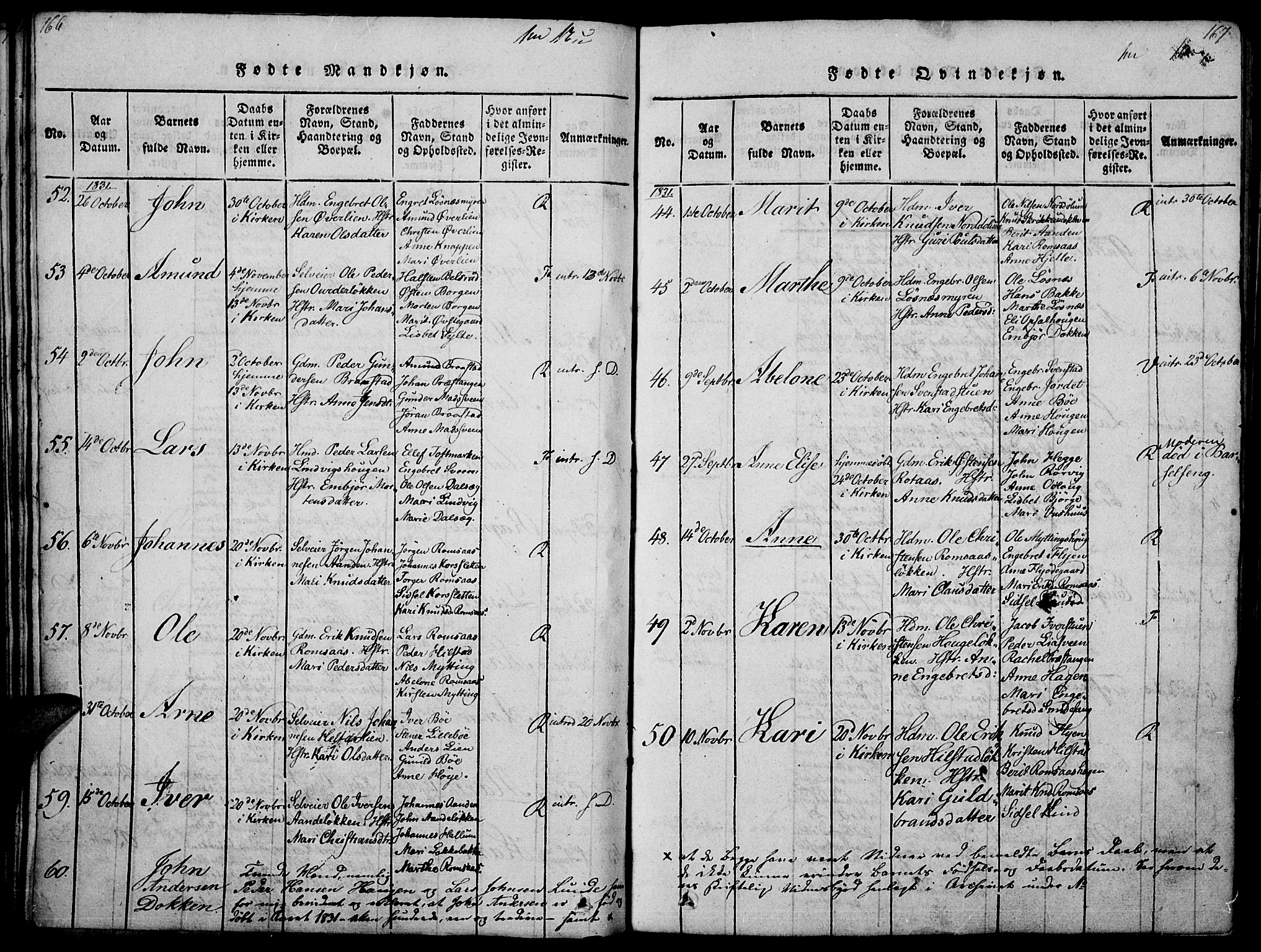 Ringebu prestekontor, SAH/PREST-082/H/Ha/Haa/L0004: Parish register (official) no. 4, 1821-1839, p. 166-167