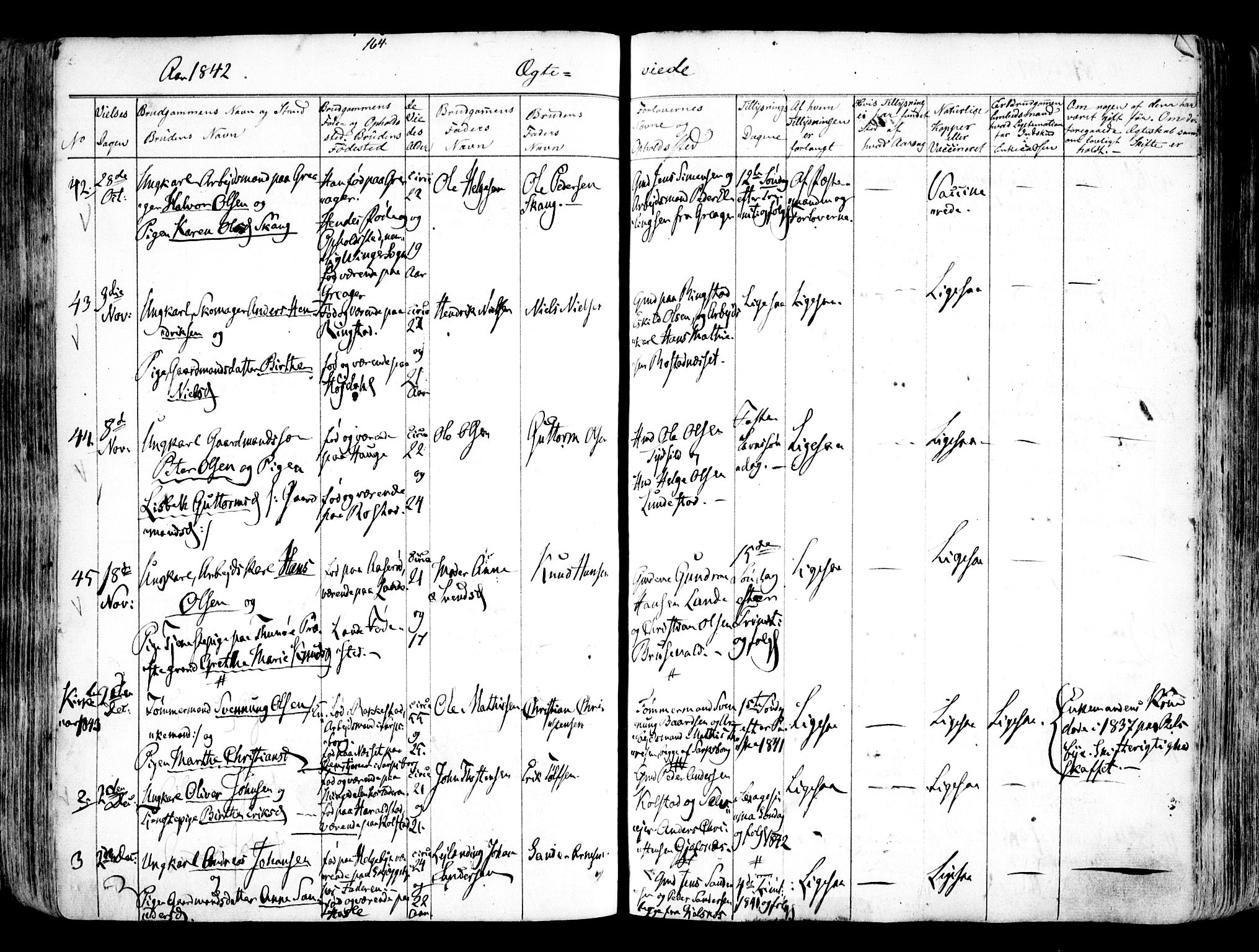 Tune prestekontor Kirkebøker, SAO/A-2007/F/Fa/L0009: Parish register (official) no. 9, 1842-1846, p. 164