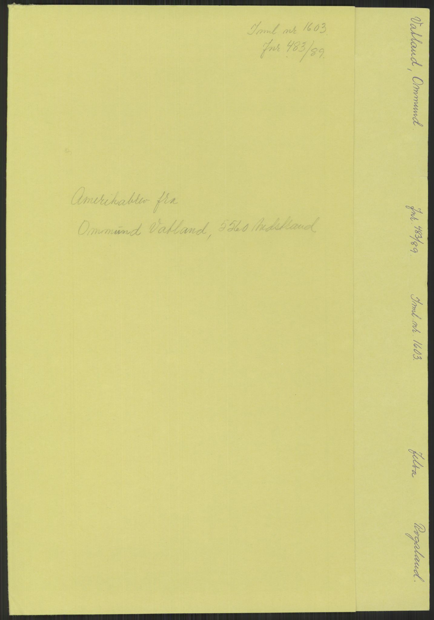 Samlinger til kildeutgivelse, Amerikabrevene, AV/RA-EA-4057/F/L0030: Innlån fra Rogaland: Vatnaland - Øverland, 1838-1914, p. 489