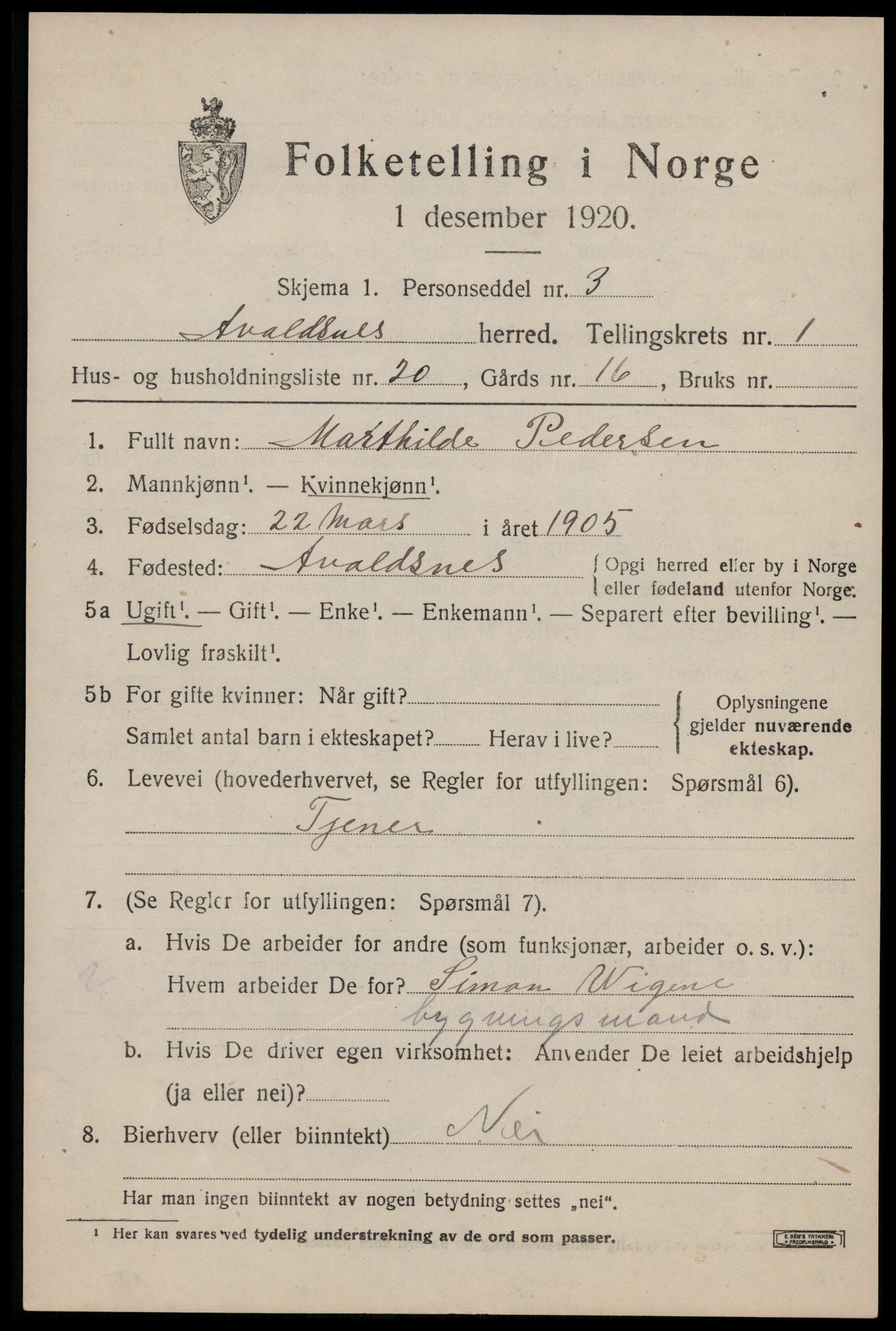 SAST, 1920 census for Avaldsnes, 1920, p. 1645