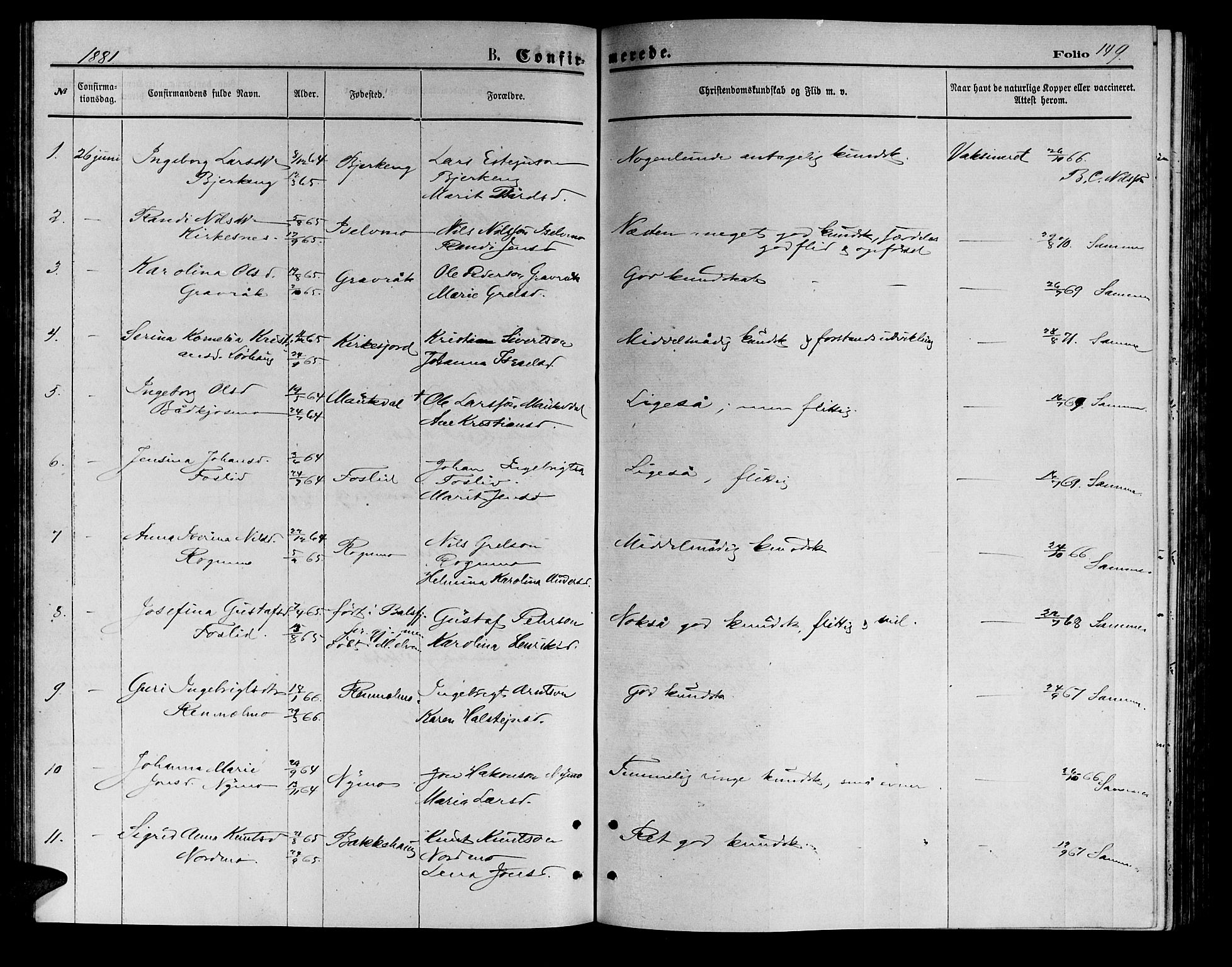 Målselv sokneprestembete, SATØ/S-1311/G/Ga/Gab/L0003klokker: Parish register (copy) no. 3, 1874-1885, p. 149
