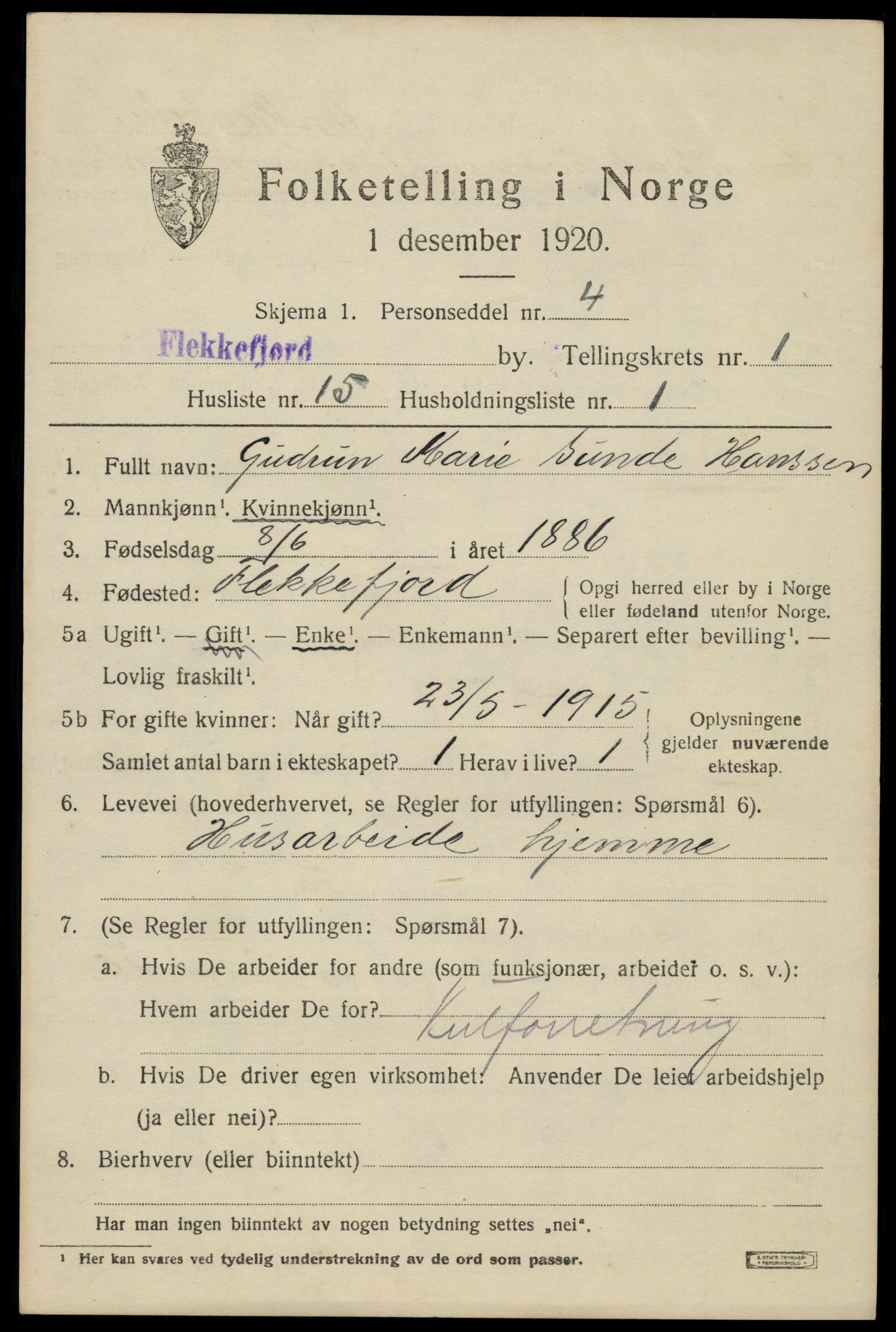SAK, 1920 census for Flekkefjord, 1920, p. 2044