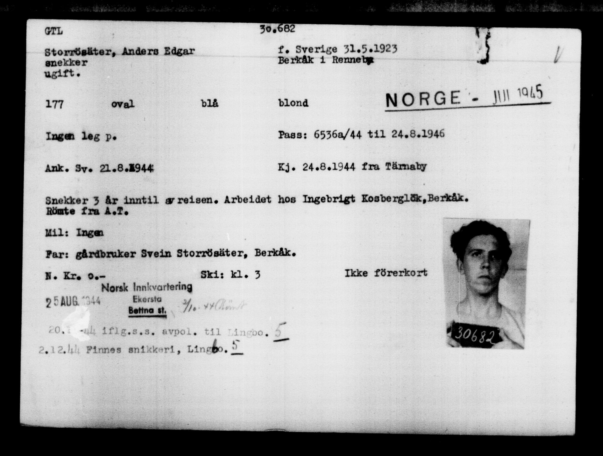 Utenriksstasjonene, Legasjonen i Stockholm, Flyktningkontoret, AV/RA-S-6753/V/Va/L0012: Kjesäterkartoteket, flyktninger med registreringsnr. 28300-31566, 1940-1945, p. 2593