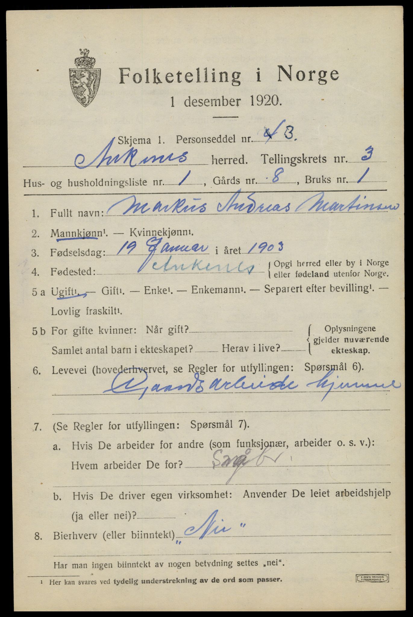 SAT, 1920 census for Ankenes, 1920, p. 1705