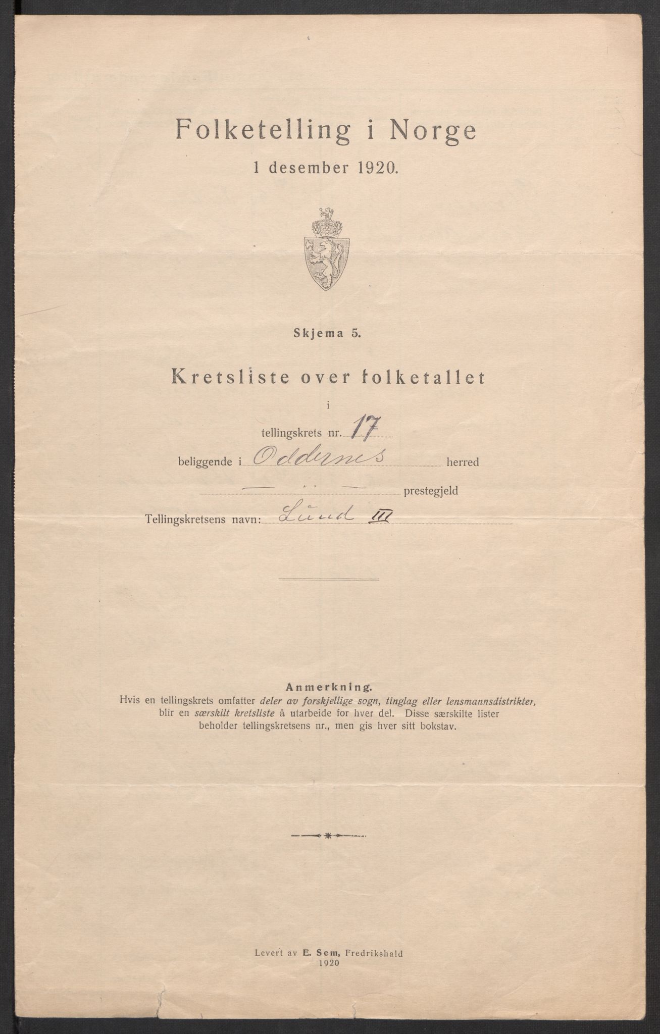 SAK, 1920 census for Oddernes, 1920, p. 65