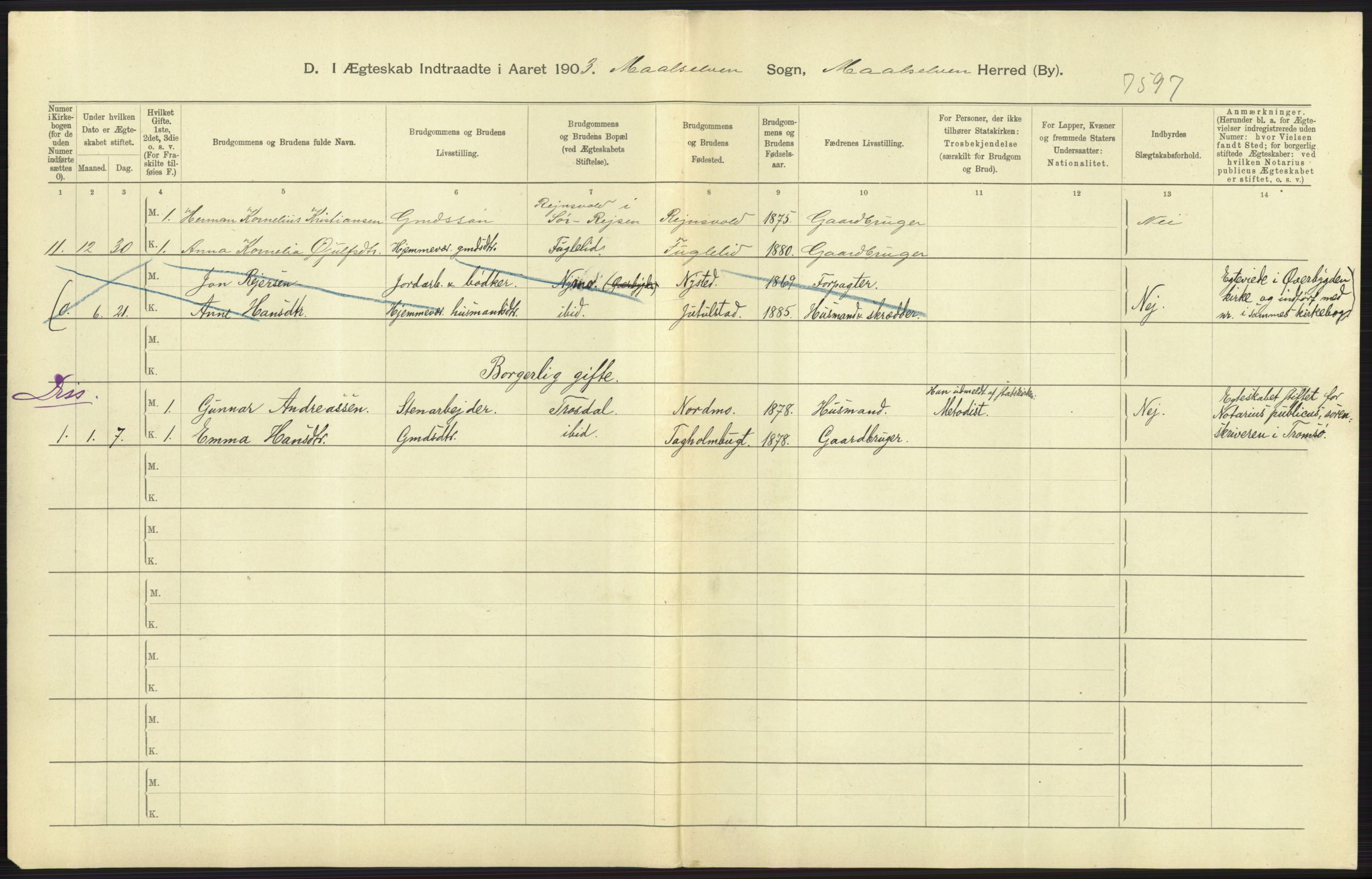 Statistisk sentralbyrå, Sosiodemografiske emner, Befolkning, AV/RA-S-2228/D/Df/Dfa/Dfaa/L0021: Tromsø amt: Fødte, gifte, døde., 1903, p. 345