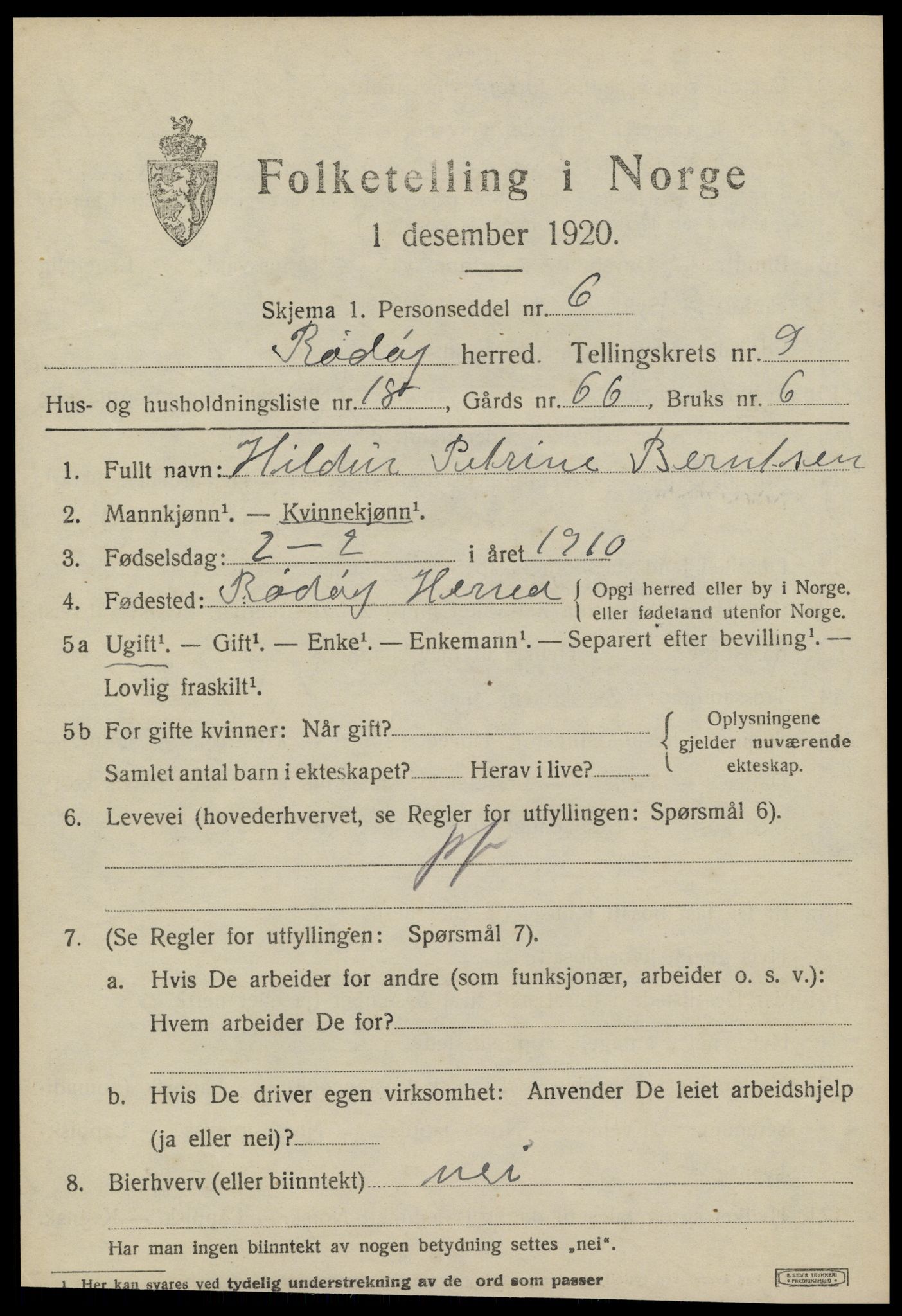 SAT, 1920 census for Rødøy, 1920, p. 5326