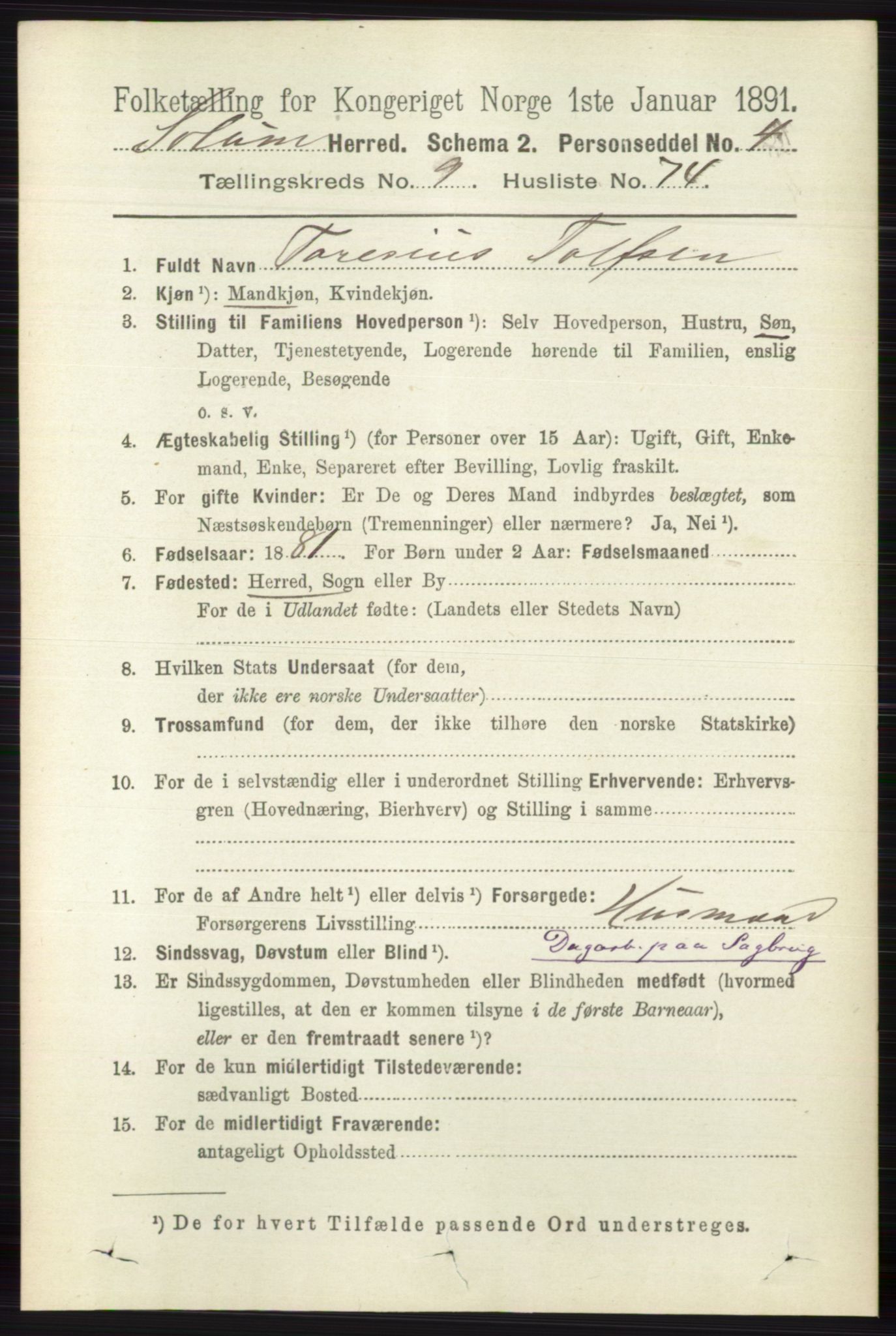 RA, 1891 census for 0818 Solum, 1891, p. 2470