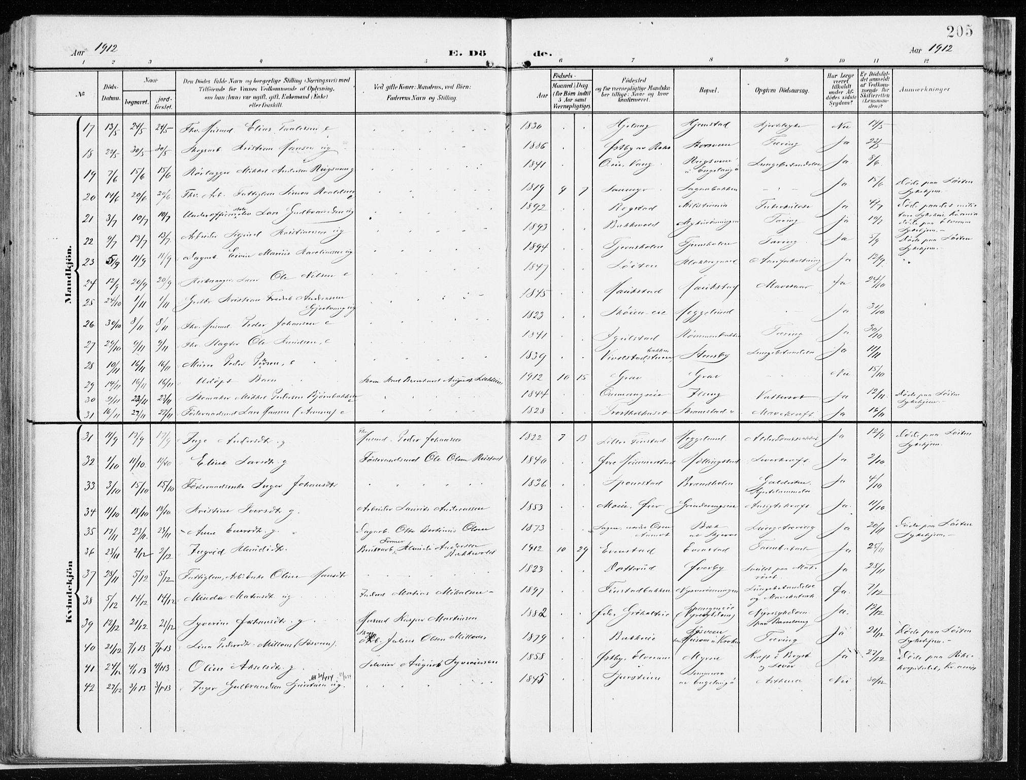 Løten prestekontor, AV/SAH-PREST-022/K/Ka/L0011: Parish register (official) no. 11, 1908-1917, p. 205