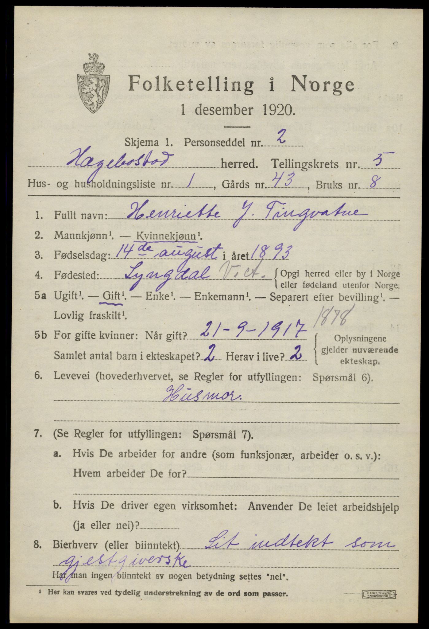 SAK, 1920 census for Hægebostad, 1920, p. 1845