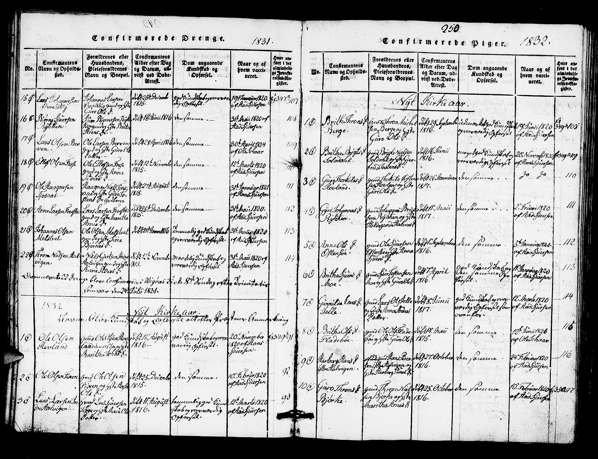 Kvam sokneprestembete, SAB/A-76201/H/Hab: Parish register (copy) no. A 1, 1818-1832, p. 250