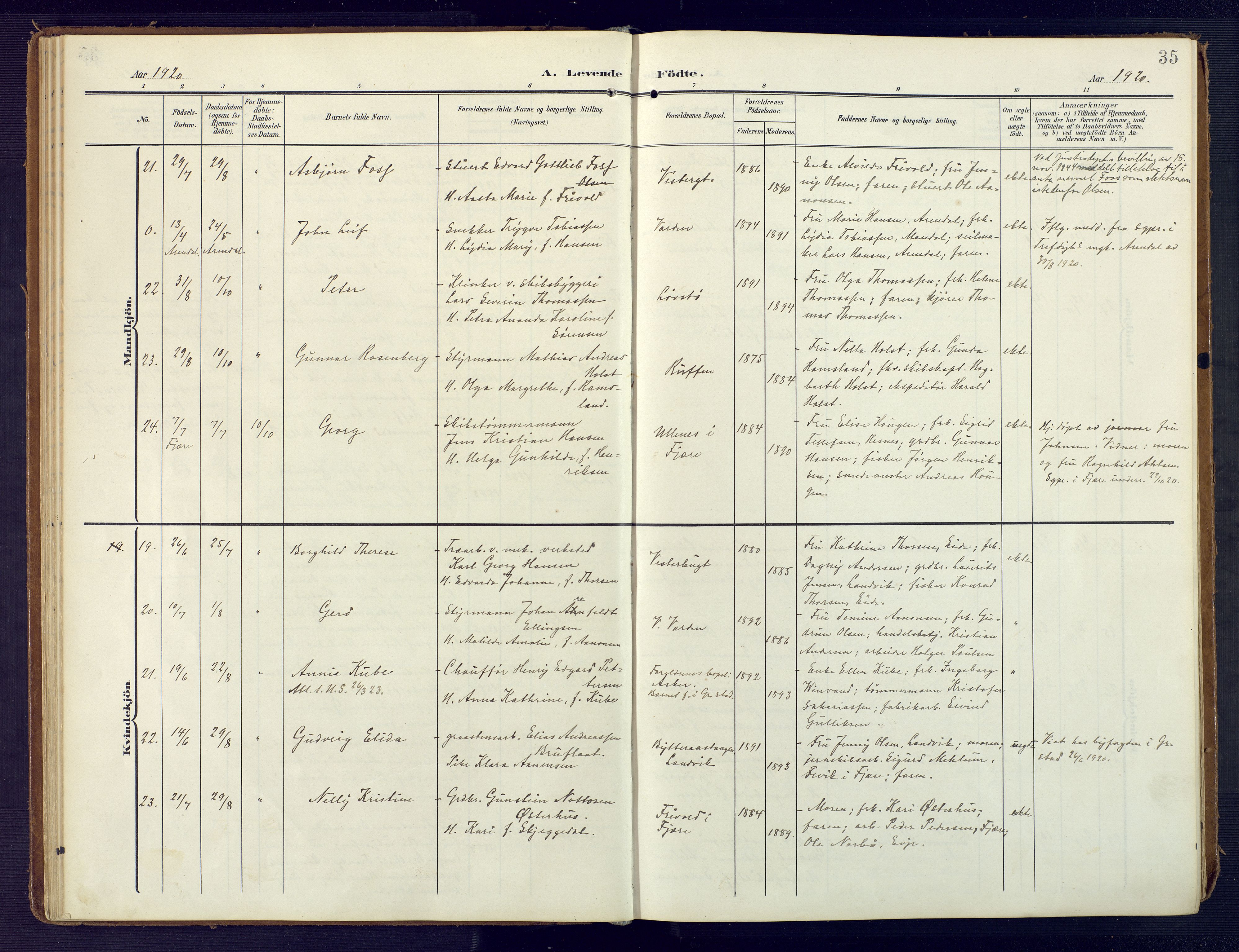 Grimstad sokneprestkontor, AV/SAK-1111-0017/F/Fa/L0005: Parish register (official) no. A 4, 1911-1924, p. 35